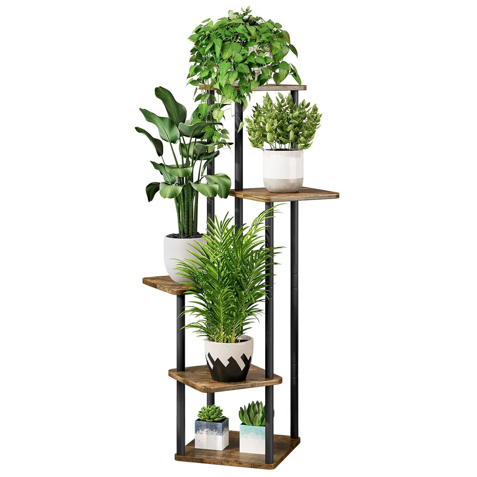 VASZOLA 5-Tier Hölzern Blumenregal Pflanzenregal, Mehrstöckig Blumenständer Pflanzenständer Blumenbank Blumentreppe Pflanzentreppe Standregal für Innen Garten Balkon Deko(Schwarz)