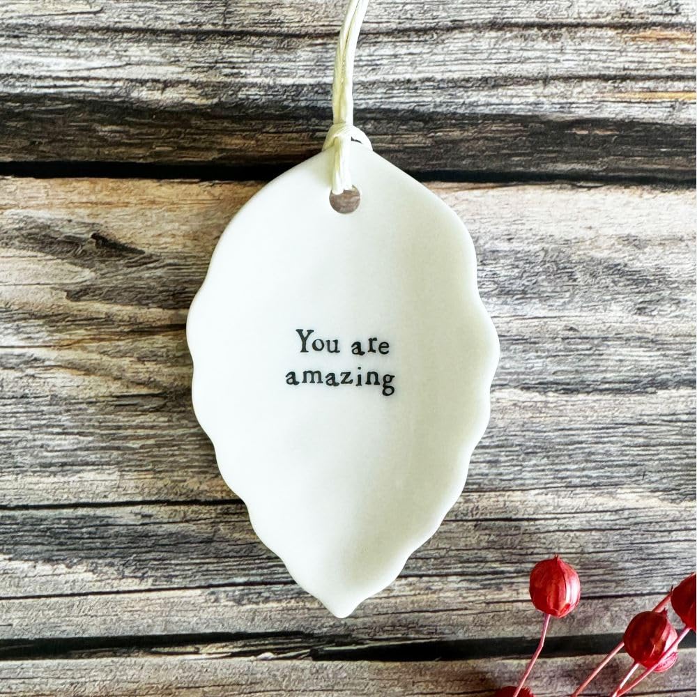 East Of India White Hanging Porcelain Keepsake Leaf - You Are Amazing Token Gift