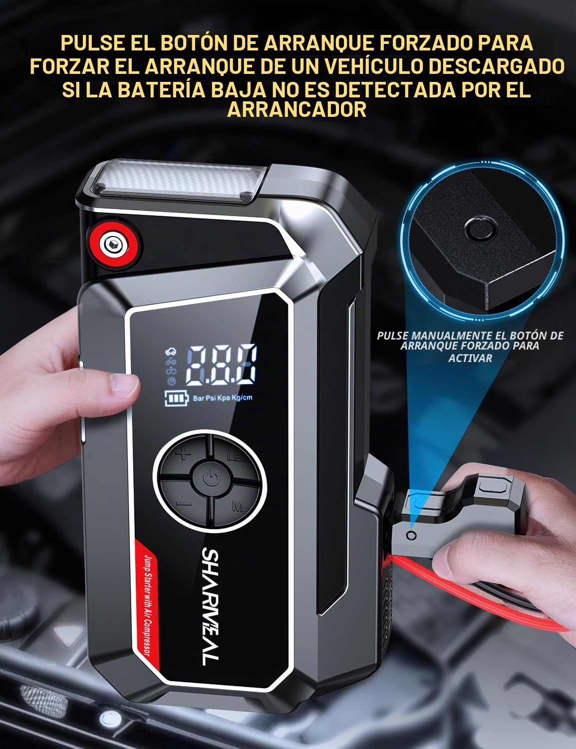 SHARMEAL 10000A Arrancador de Baterias de Coche con Compresor, 250PSI Inflador de Neumáticos, 12V, Arrancador de Coches para Vehículo (Todo Gasolina o 12L Diésel), Pantalla LCD, Luz de Emergencia