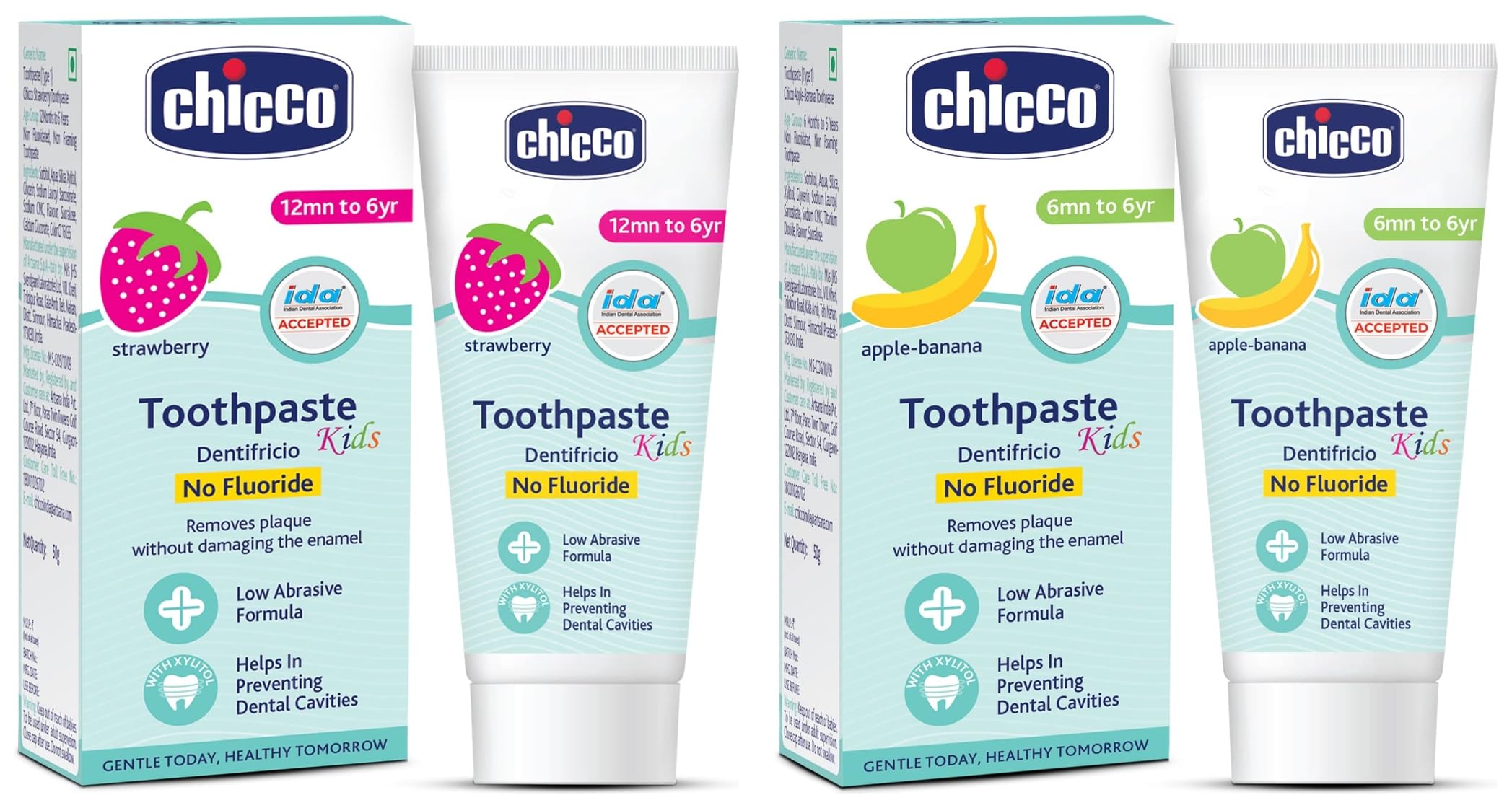 Chicco Toothpaste, Strawberry Flavour for 1Y to 6Y Bab (50g)&Chicco Toothpaste, Applebanana Flavour for 6m to 6Y Baby, Fluoride-Free, Preservative-Free,Cavity Protection (50 Millilitre)