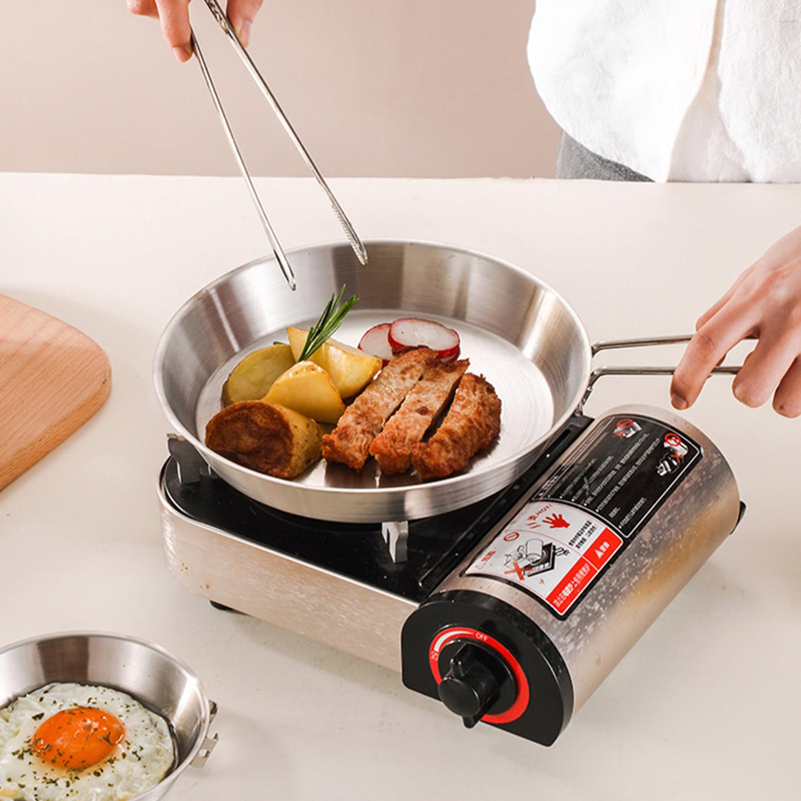 Padella antiaderente in acciaio inox per uso efficiente dello spazio, con manico pieghevole, utensili da cucina da campeggio