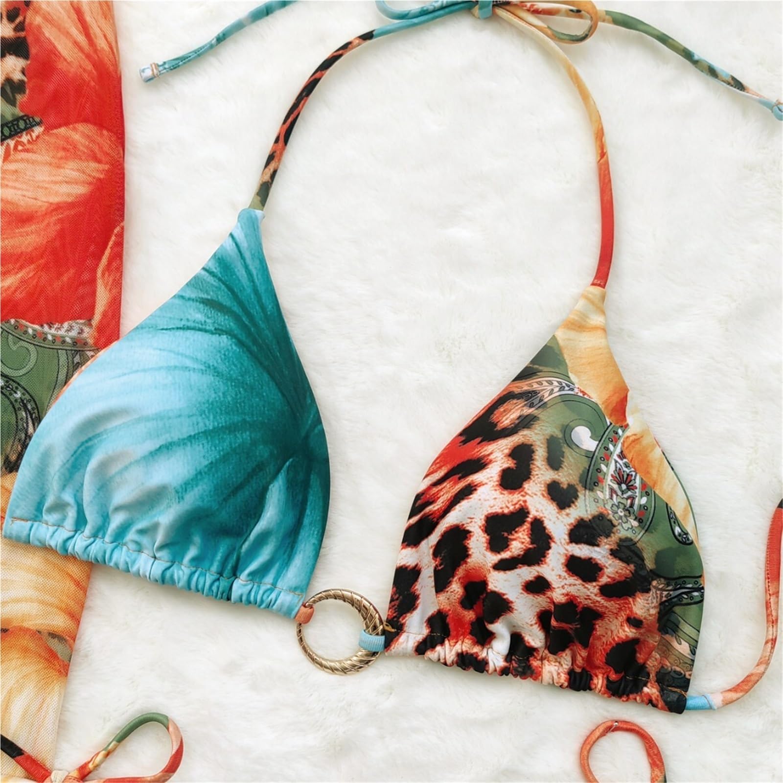 Seksowny zestaw mini bikini w panterkę (3 sztuki): długa spódnica, kostium kąpielowy bez pleców kwiatowy wzór, strój plażowy
