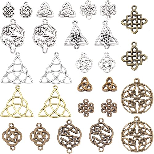 SUNNYCLUE 1 caja de 56 dijes de nudo celta, dijes irlandeses de enlace de trinidad, cuentas de nudo de estilo tibetano, dijes redondos planos de