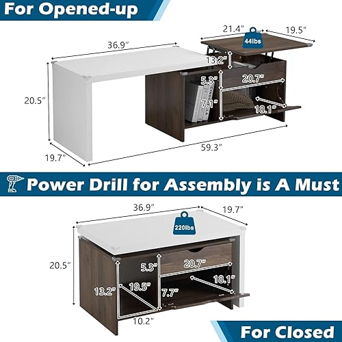 Miniatura 8 de Mesa de centro grande de madera de 59 pulgadas de largo con almacenamiento, moderna mesa de transformador extensible con baúlestante abierto, mesa