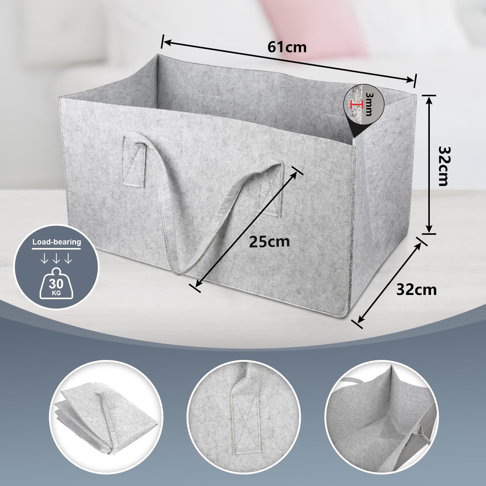 Borsa In Feltro EFUTURETIME 61x32x32 Cm - Cesto Per Legna, Shopping, Pieghevole (Grigio) - Foto 5