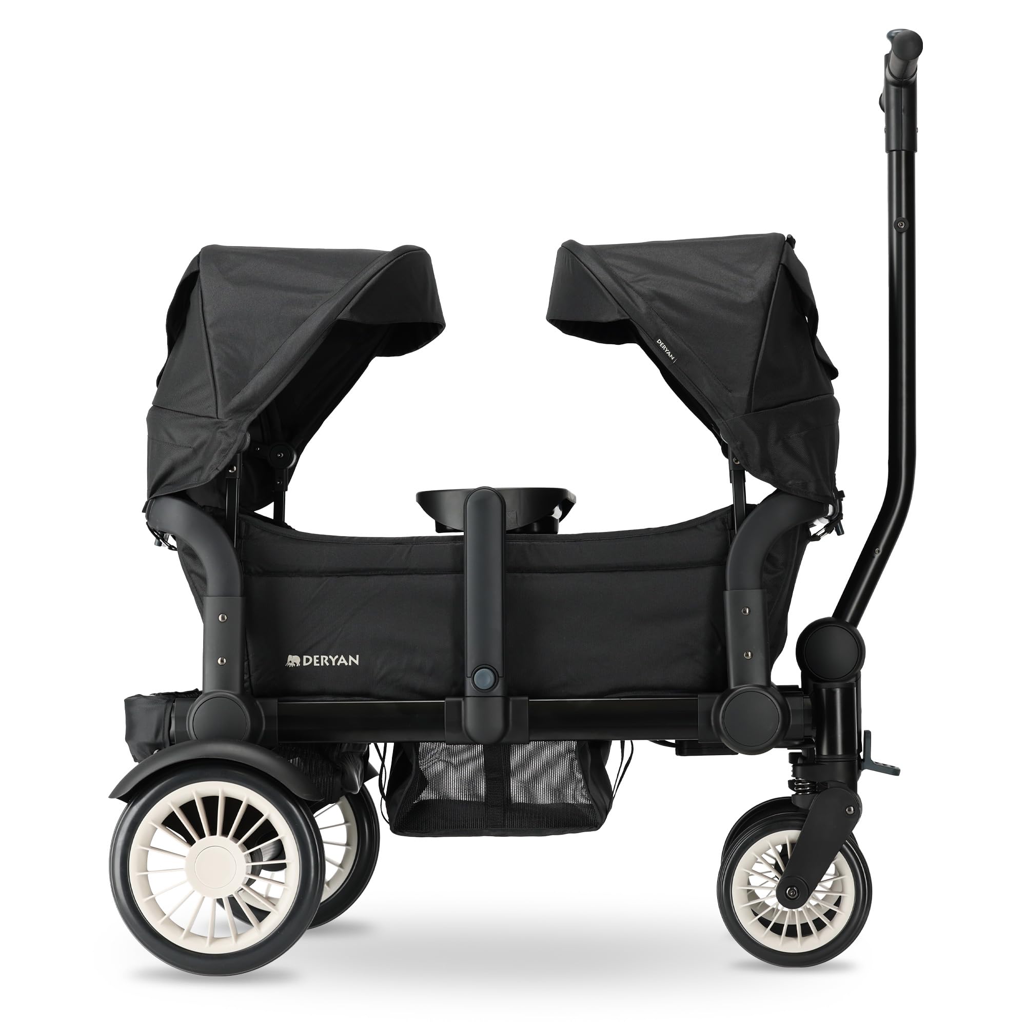Deryan Sandy Bollerwagen Faltbar für 2 Kinder (9 Monate bis 5 Jahre), Dach Klappbarer Handwagen, Sonnenschutz für Ausflug Strand Camping, abnehmbarem Tablett, Verstellbarer Griff, mit Bremse, Schwarz