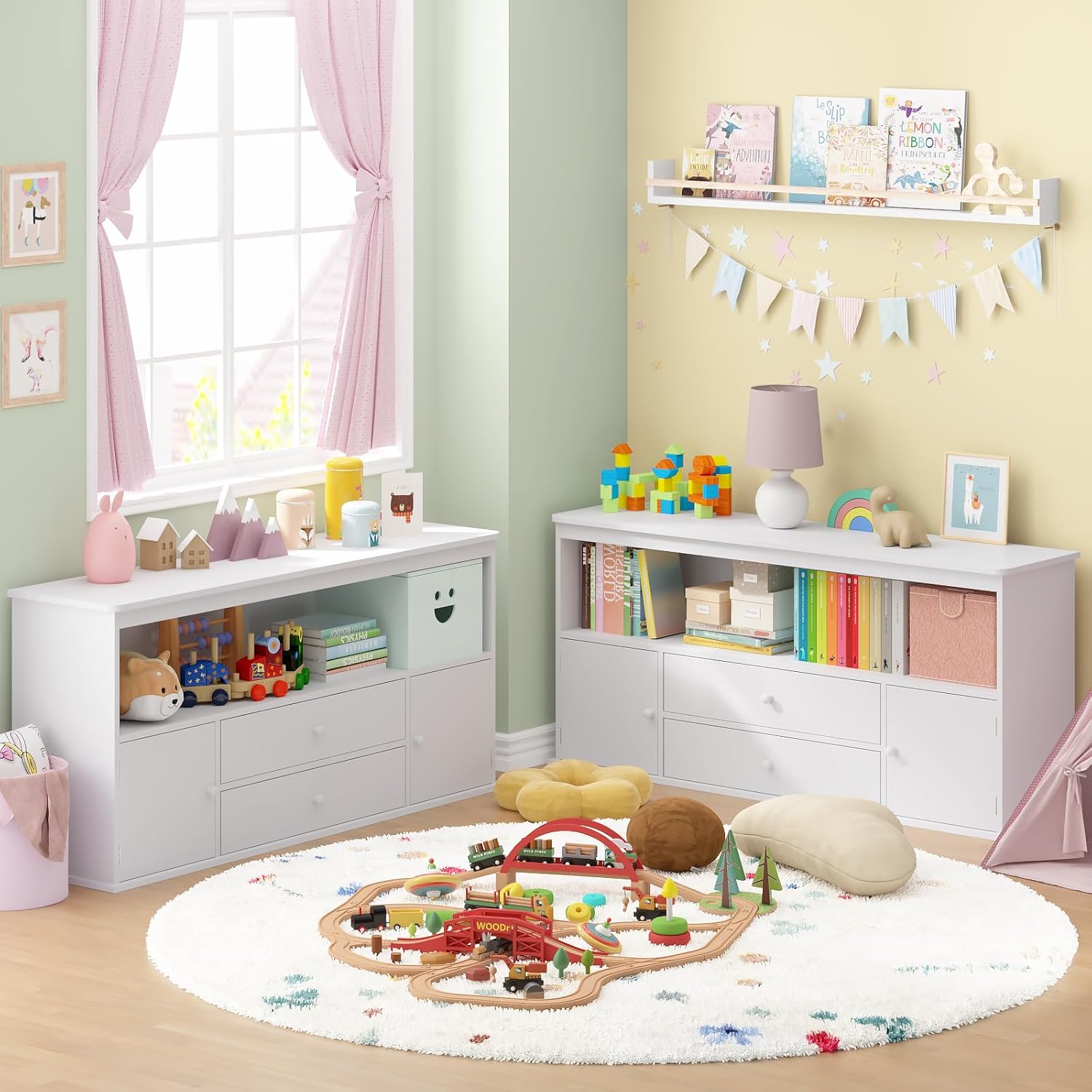 Timy 51.9" Toy Storage Organizer Bookcase Kids Bookshelf Toy Storage Cabinet Wooden Organizer Bins for Reading Storing Playing White