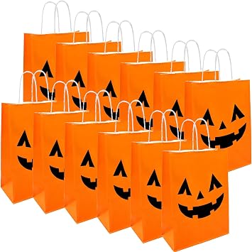 12 Pieces Halloween Pumpkin Gift Bags Trick or Treat Kraft Paper Candy Goodie Bags with Handle for Halloween Party Favors Supplies