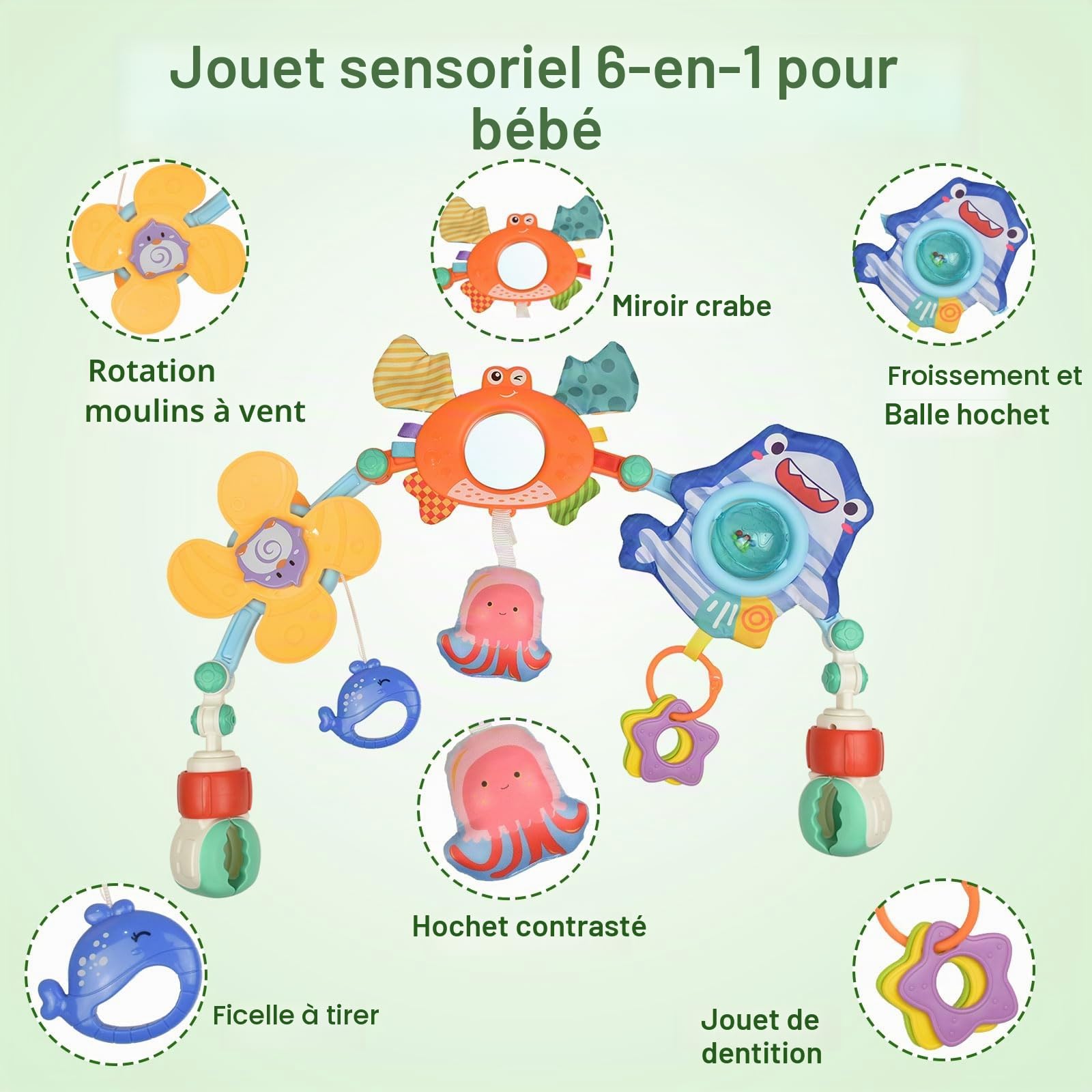 Arche Eveil Bebe, Réglable Arche D'activités pour Bébé avec Hochet Moulin à Vent, Arche Poussette Bebe pour Plupart Poussettes, Jouets D'éveil Bebe Cadeau pour 0 3 6 12 Mois Garçon Fille