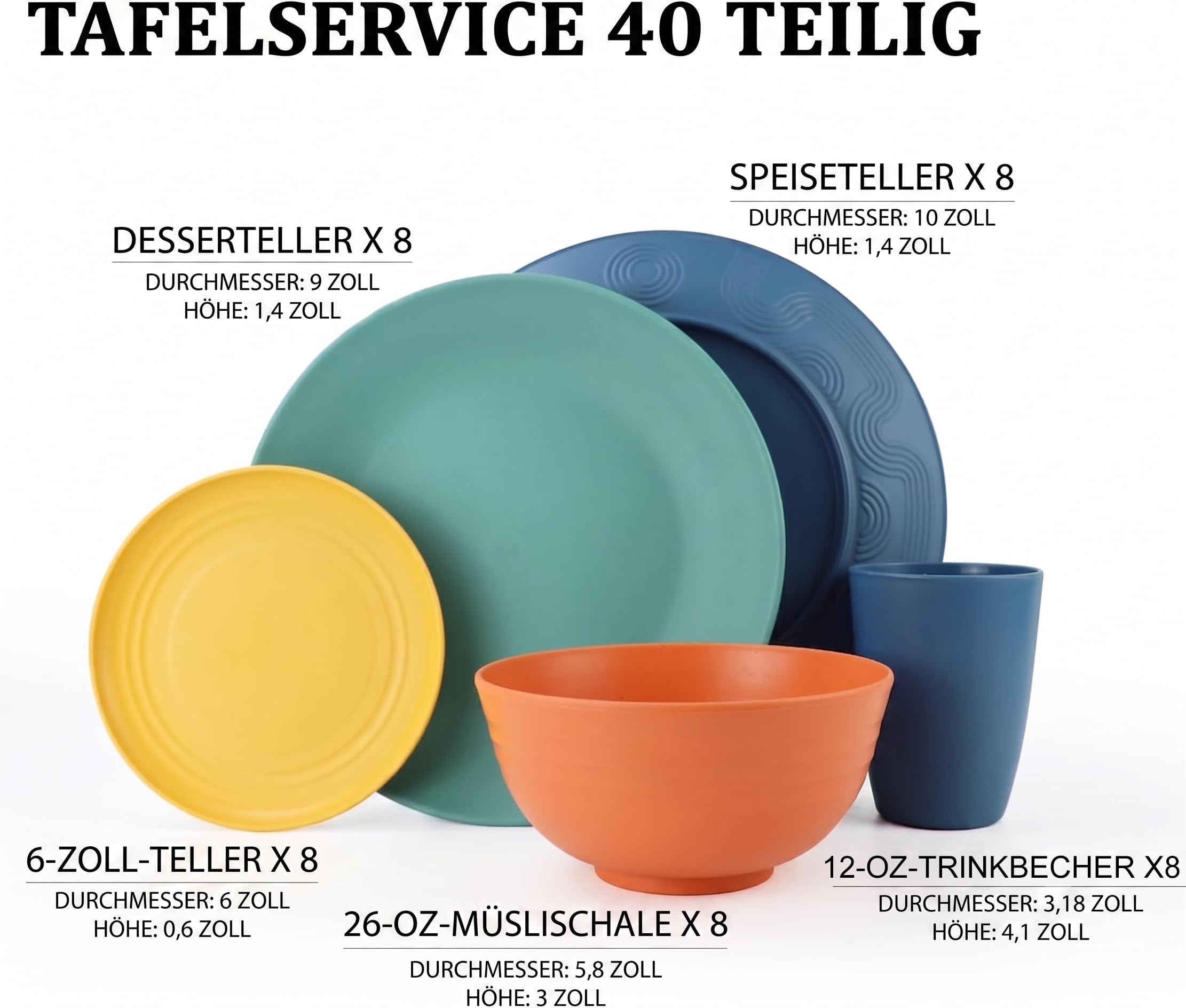 Wrova Set di stoviglie da 40 pezzi, per 8 persone, piatti e ciotole riutilizzabili, con piatti piani, bicchieri, ciotole per cereali, adatte al microonde, multicolore