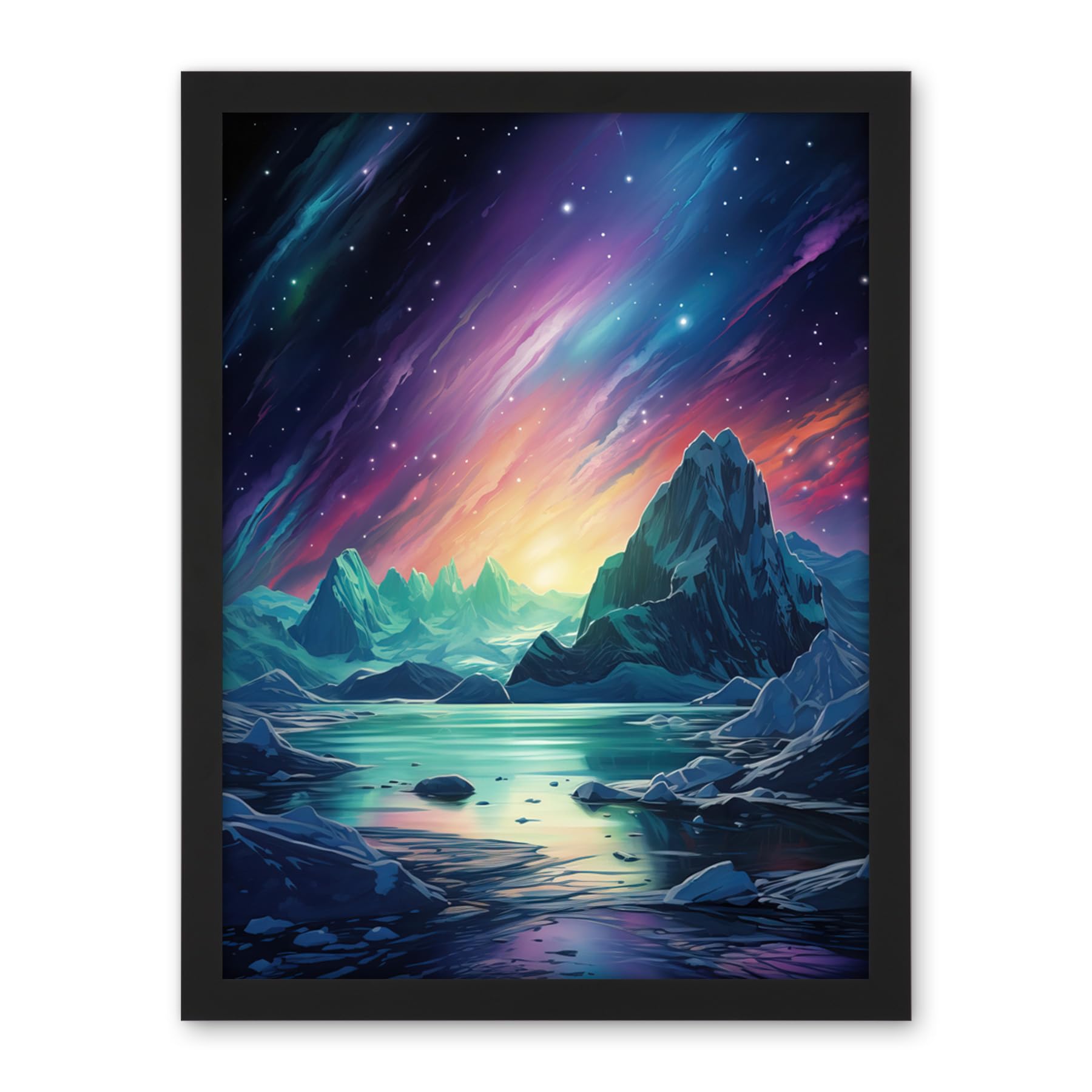 Artery8 Purple Aurora Borealis Dawn in Antarctica Oil Painting Blue Green Enchanting Arctic Ice Fantasy Landscape Artwork Framed Wall Art Print 18X24 Inch