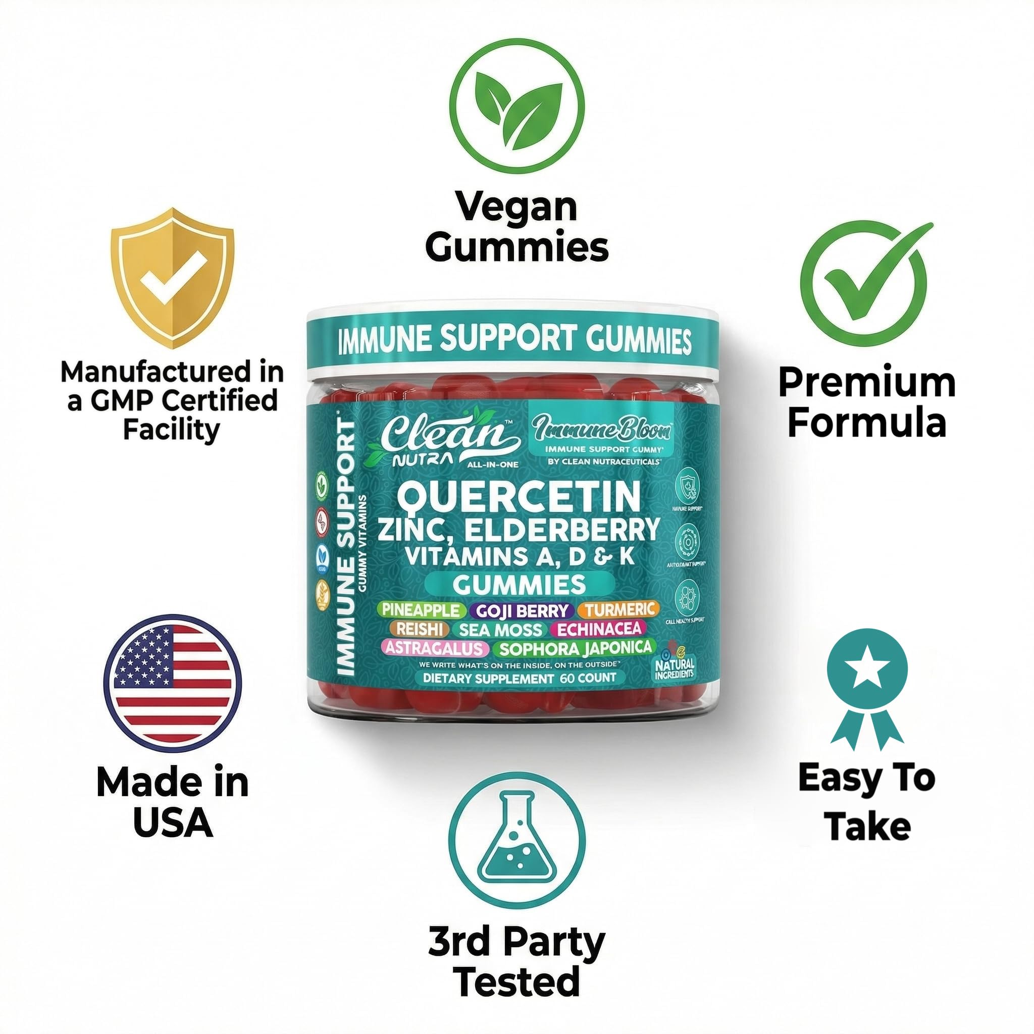 Clean Quercetin Elderberry Immune Support Gummies | Zinc Vitamin K2 D3 A Bromelain Goji Berry Turmeric Sea Moss Echinacea Astragalus Selenium Olive Leaf Immunity Supplement Gummy Vitamins — Amazon image 8