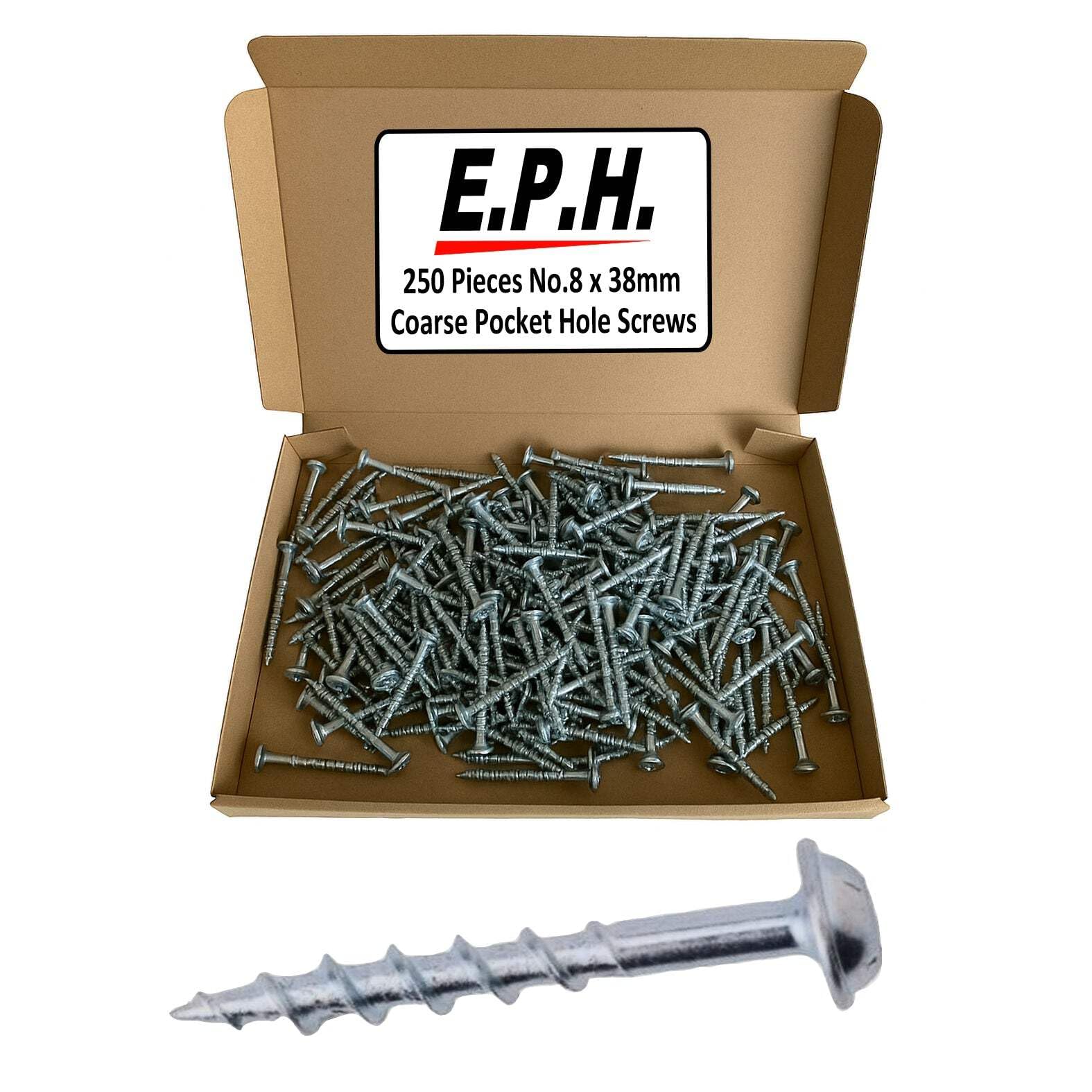 E.P.H. Pocket Hole Screws, No.8 x 38mm, Pack of 250, Coarse Self-Cutting Thread, Square Drive, For Softwoods & Man-Made Boards, EPHS838250C