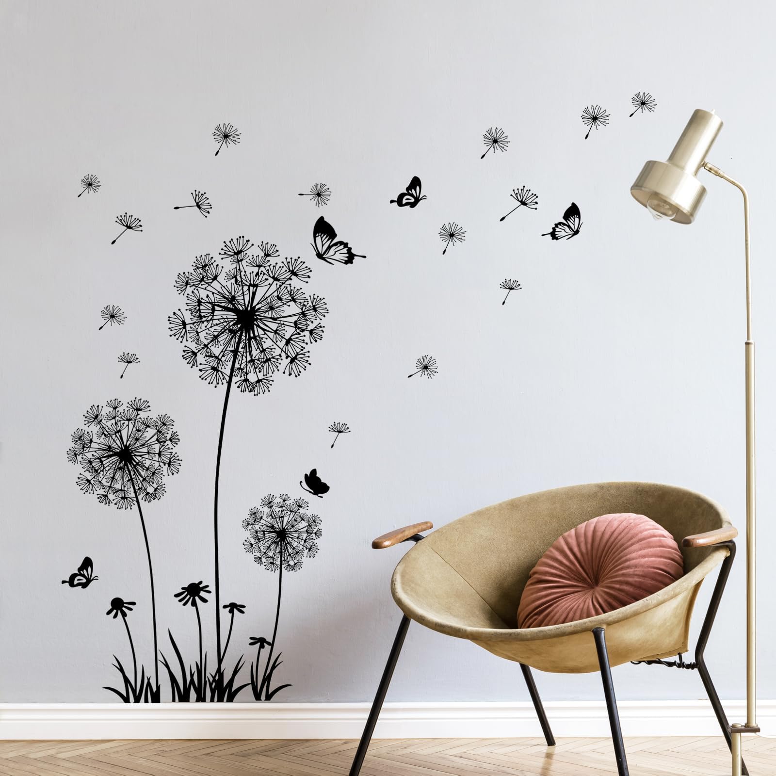 Adesivi Murali Tarassaco E Farfalle In Volo - Sticker Decorativi Per Pareti Camera Da Letto E Soggiorno - Rimovibili 90x60 Cm - 2