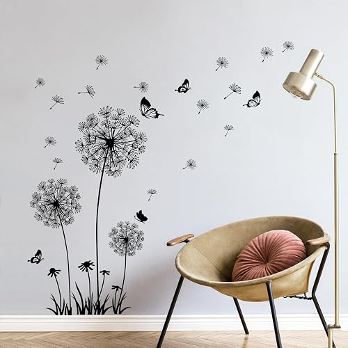 Tanlaby Stickers Muraux Pissenlit Autocollants Muraux Fleurs Noires Amovible Papillons