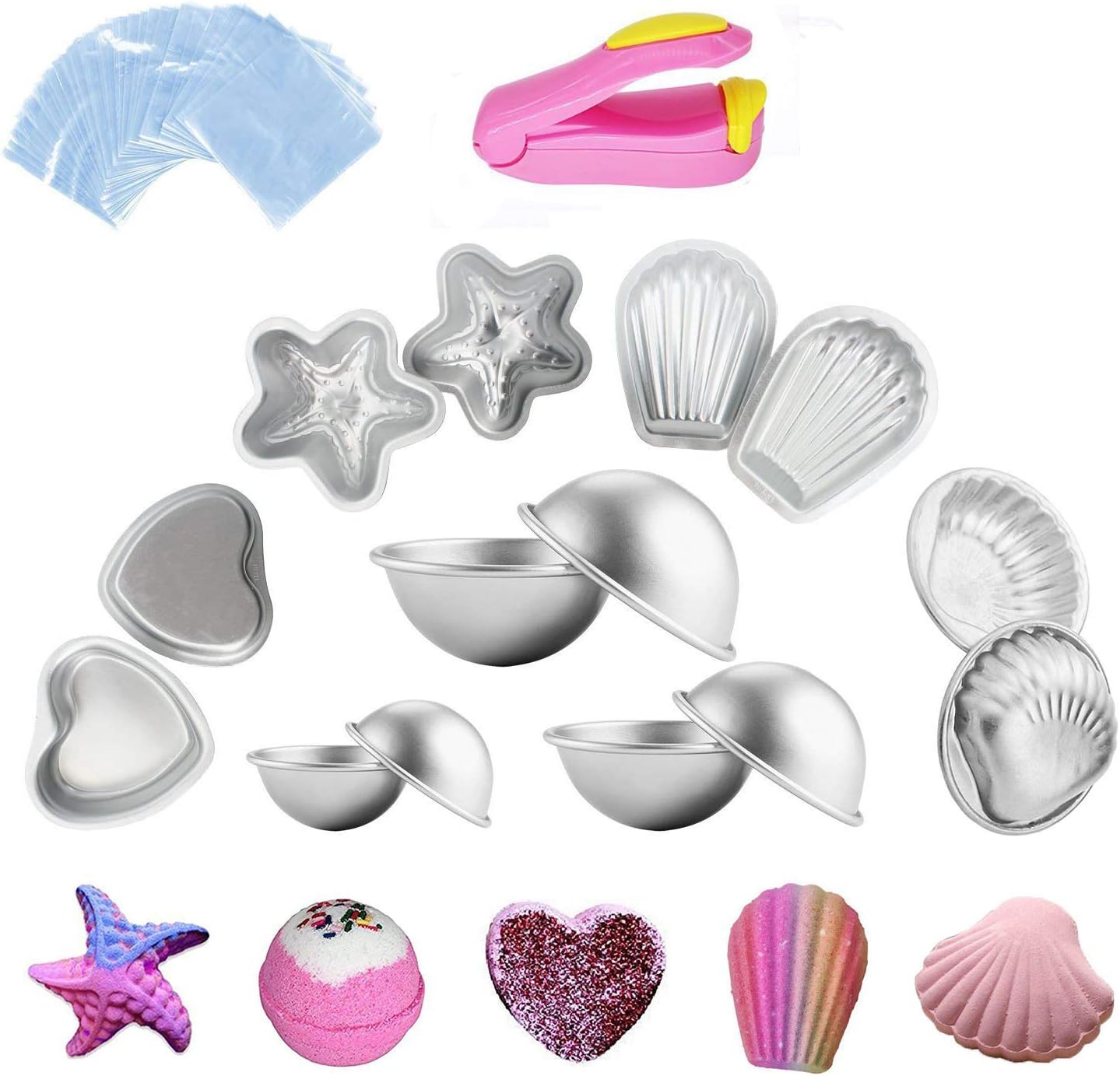 Metal Bath Bomb Mold 14 PCS(6 Hemispheres, 2 Starfish, 2 Heart, 2 Shell, 2 Scallop) with 100 Shrink Wrap Bags for Bath Bombs Handmade Soaps and Cake