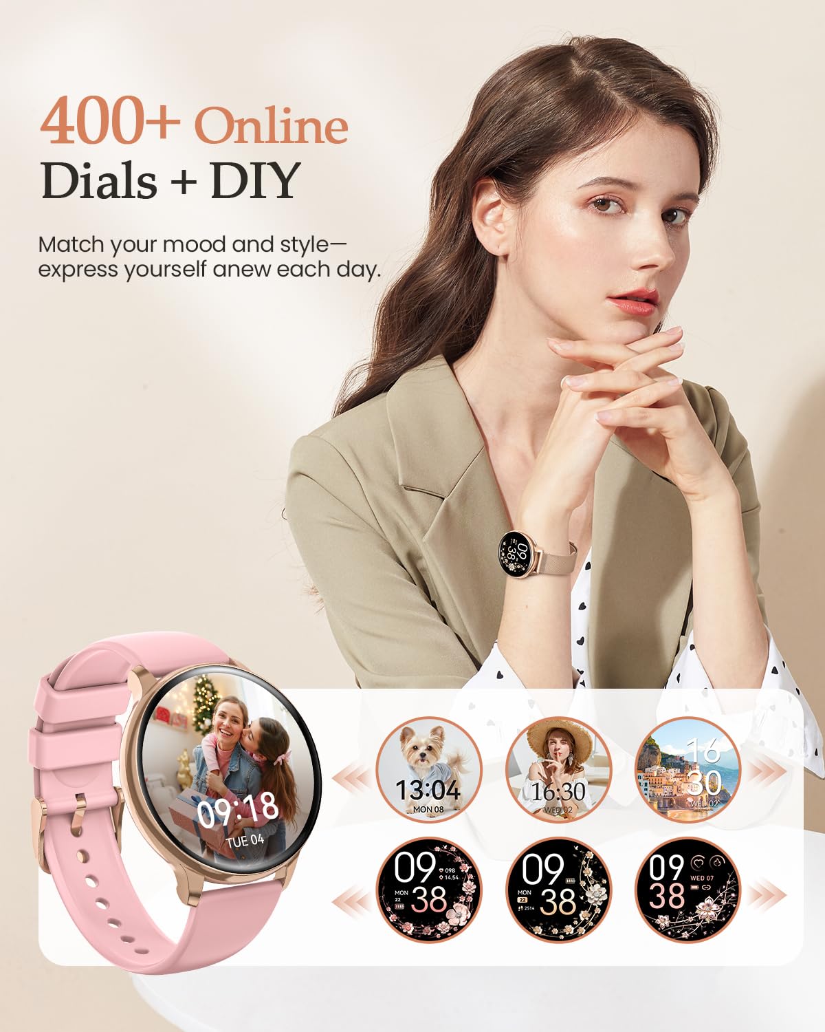 Smartwatch Damen, 1.27" HD Fitnessuhr mit Telefonfunktion, Menstruationszyklus, 120+ Sportmodi, 24H Pulsuhr, 24H SpO2, Schlafmonitor, Kalorien, Fitness Tracker, IP68 iOS Android Roségold