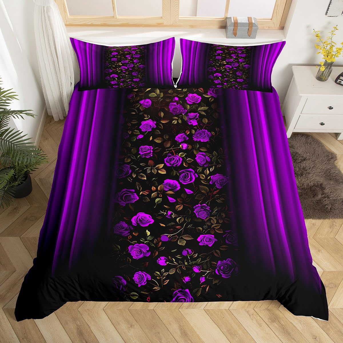 Homemissing Floral Bedding Set Ombre Purple Rose Teens Duvet Cover Set for Kids Boys Girls Purple Rose Flower Decor Comforter Cover Romantic Modern Quilt Cover 3Pcs Super King Size