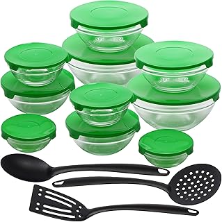 San Ignacio Plus Lot de 20 bols Energy verts + ustensiles de cuisine en nylon, verre, Ø 9 x 4 cm, 150 ml, Ø 10,5 x 4,8 cm, 200 ml, Ø 12,5 x 5,5 cm, 350 ml, Ø 14 x 6,2 cm, 500 ml, Ø 17 x 7,9 cm, 900 ml