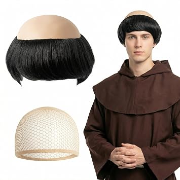 Funny Short Monk Wig for Men Bald Brown Wigs for Adult Cosplay Monk Costume Character Themed Party Accessories