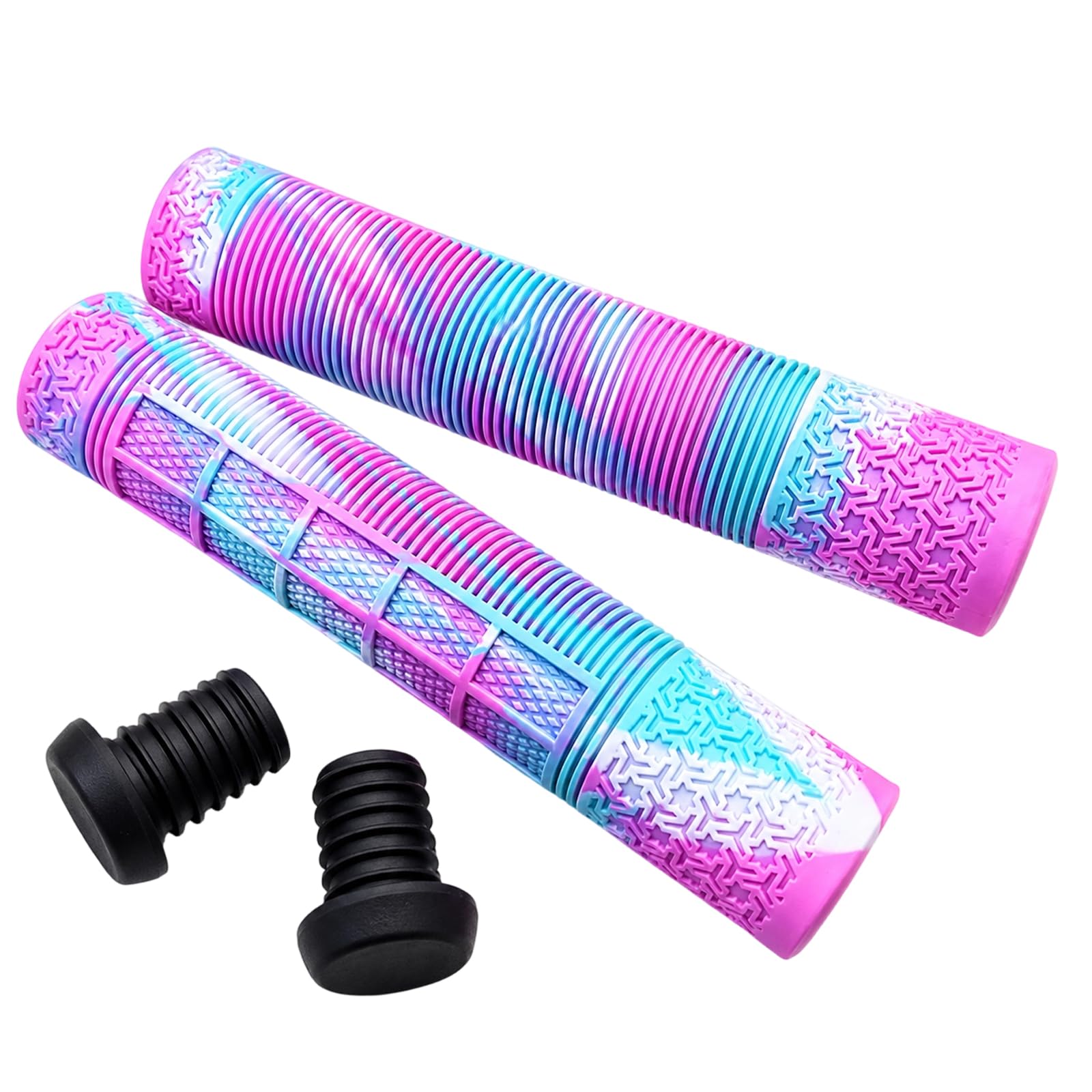 Tie-Dye MTB Handlebar Grips, Non-Slip Soft Rubber Bike Grips for Mountain Bike/BMX/Stunt Scooter, Extended Comfort Bicycle Handlebar Grips with End Plugs, Pink Blue Gradient, 1 Pair