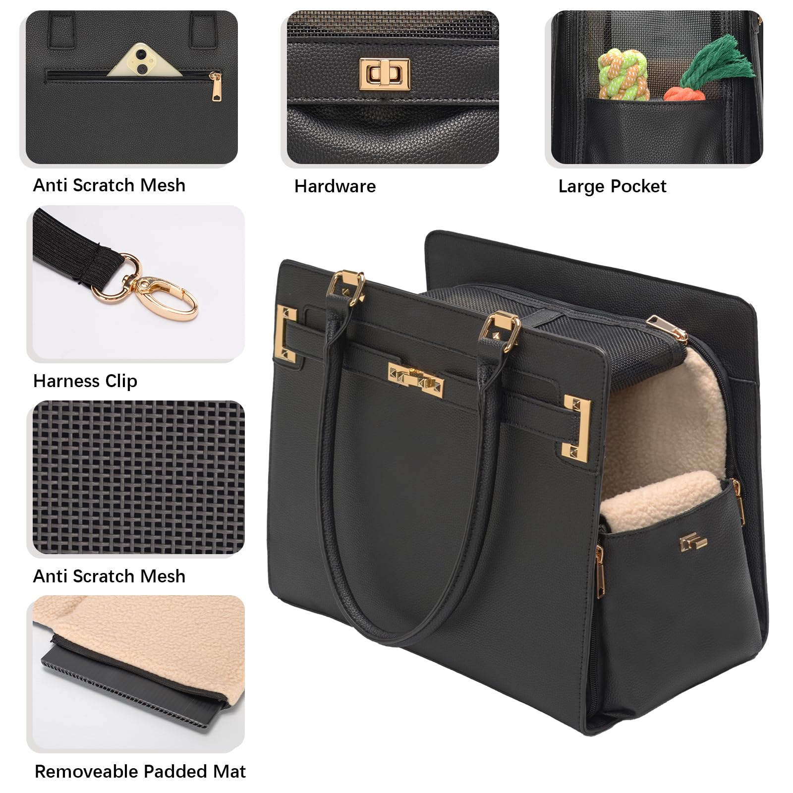2-in-1 stilvolle Hunde-Geldbörse, weiche Seiten, Reisetasche, Tragetasche für kleine Hunde und Katzen, modische faltbare Haustiertasche für Welpen, kleine Tiere mit Taschen (schwarz, 38,1 cm L x 19,1
