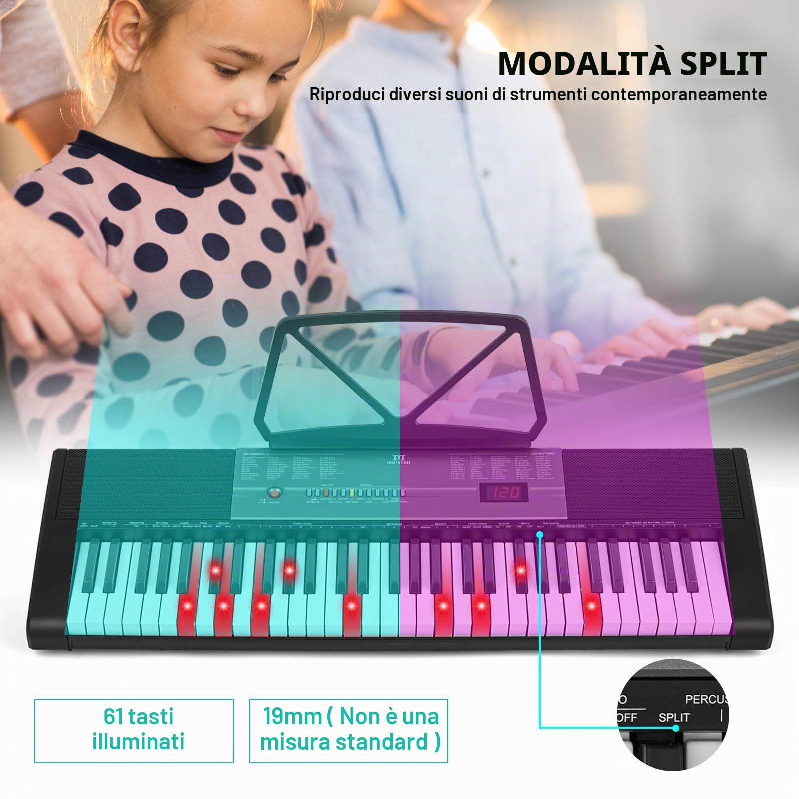 Pianoforte elettronico a 61 tasti con tasti illuminati, LCD, cuffie, supporto a X, sgabello, ripiano per spartiti, microfono, adesivi per note, altoparlanti integrati, 3 modalità di insegnamento