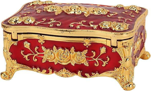 Qcwwy Mystery Jewelry Jar Vintage Metal Jewelry Box Small Trinket Storage Organizer Box Rose Decor Velvet Lining Rectangular Metal Trinket Storage Keepsake Earrings Necklace Gold Red