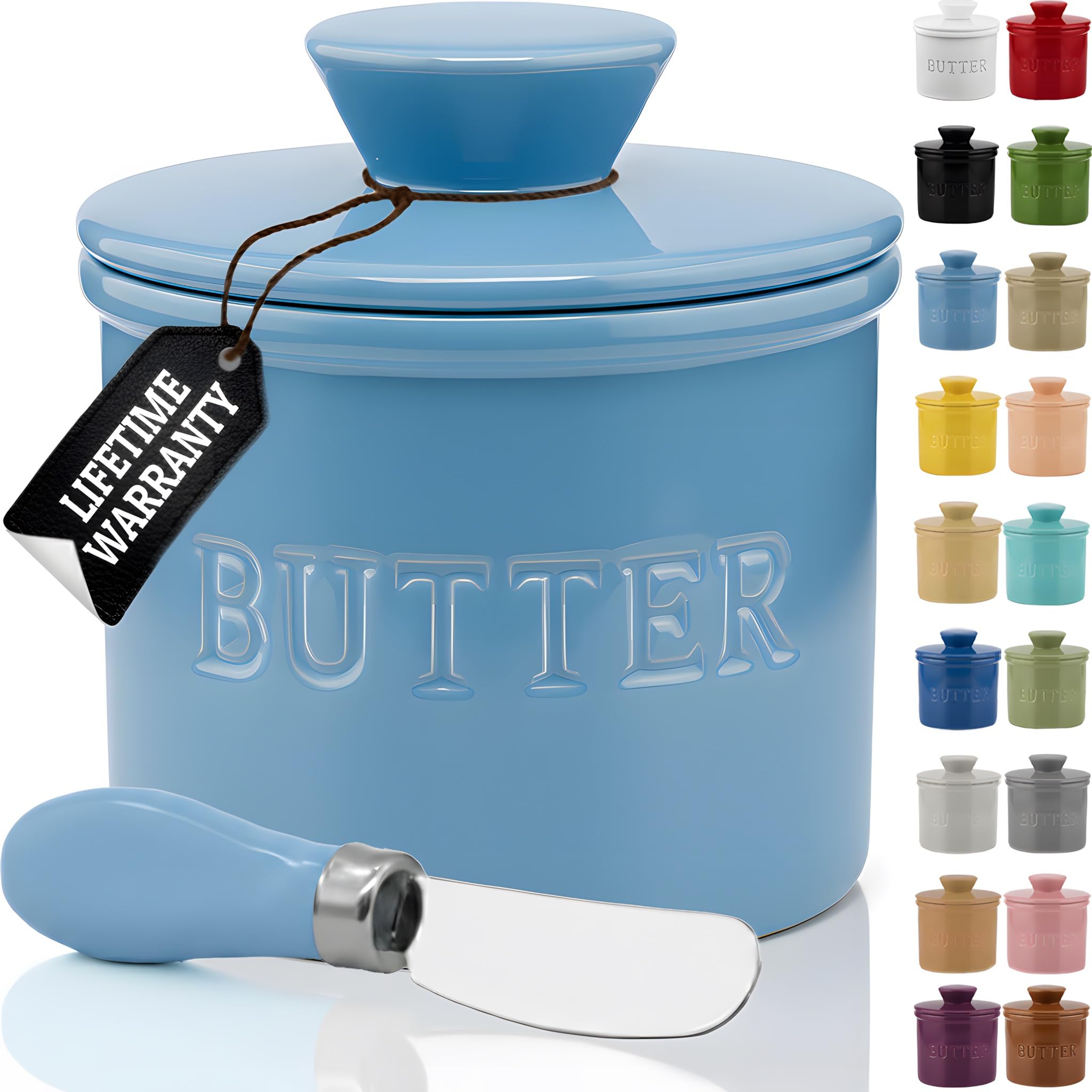 PriorityChef Butter Crock with Lid, On Demand Spreadable Butter, French Butter Keeper to Leave On Counter with Water Line, Ceramic French Butter Dish, Light Blue