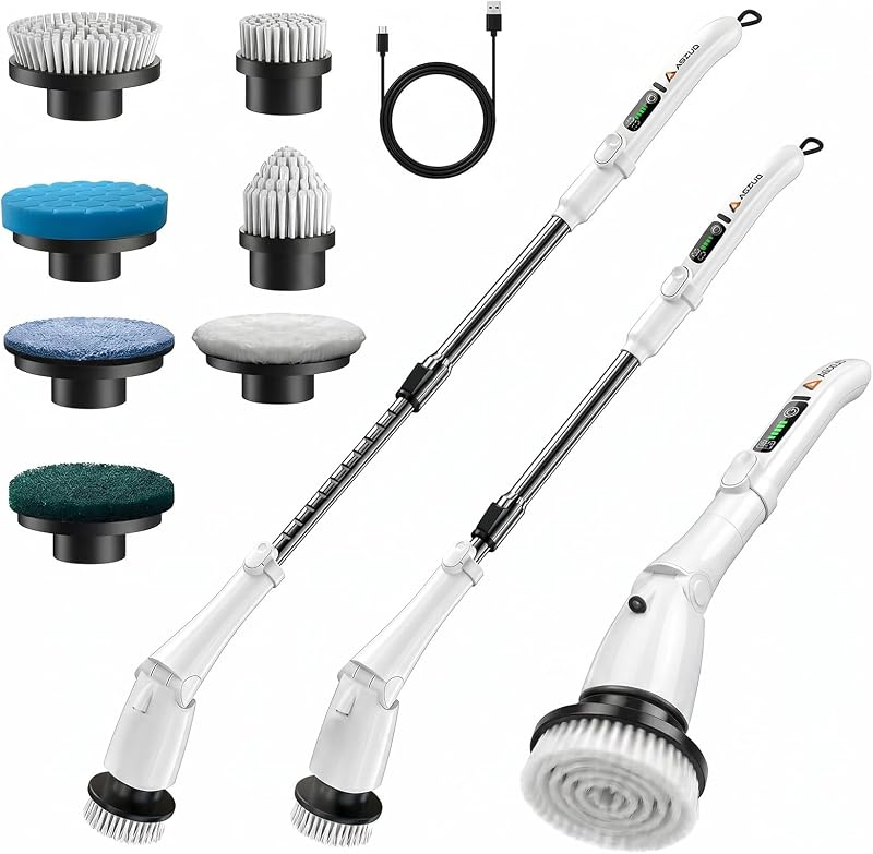 Escova elétrica giratória para limpeza AOZUO CLE-02 com cabo longo extensível, 7 cabeças e luz LED
