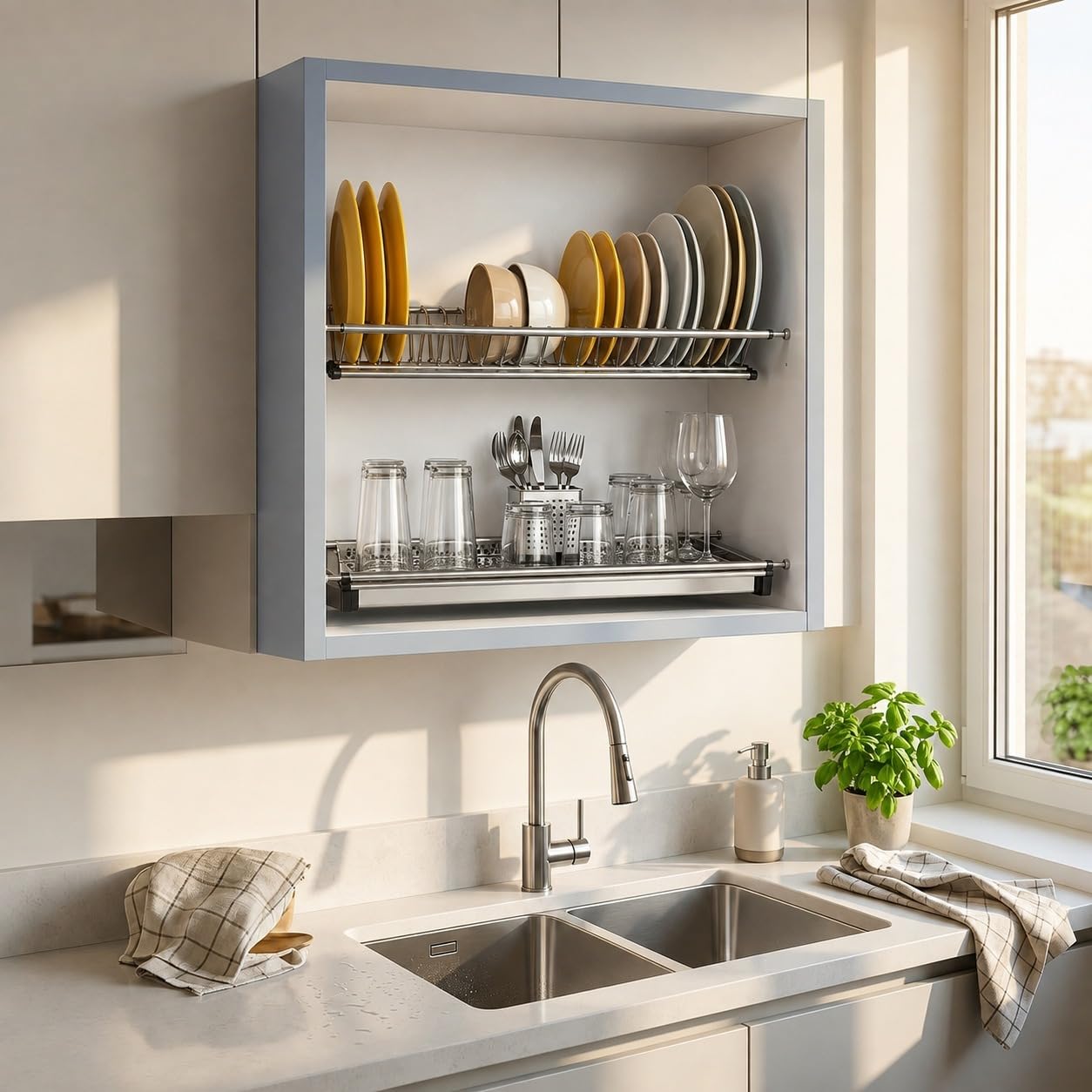 MAKA Scolapiatti da Incasso per Pensile 56 cm in Acciaio Inox a 2 Livelli, Portapiatti Verticale e Ripiano Bicchieri Tazze con Vaschetta Raccogligocce Estraibile, Scolapiatti da Mobile Cucina