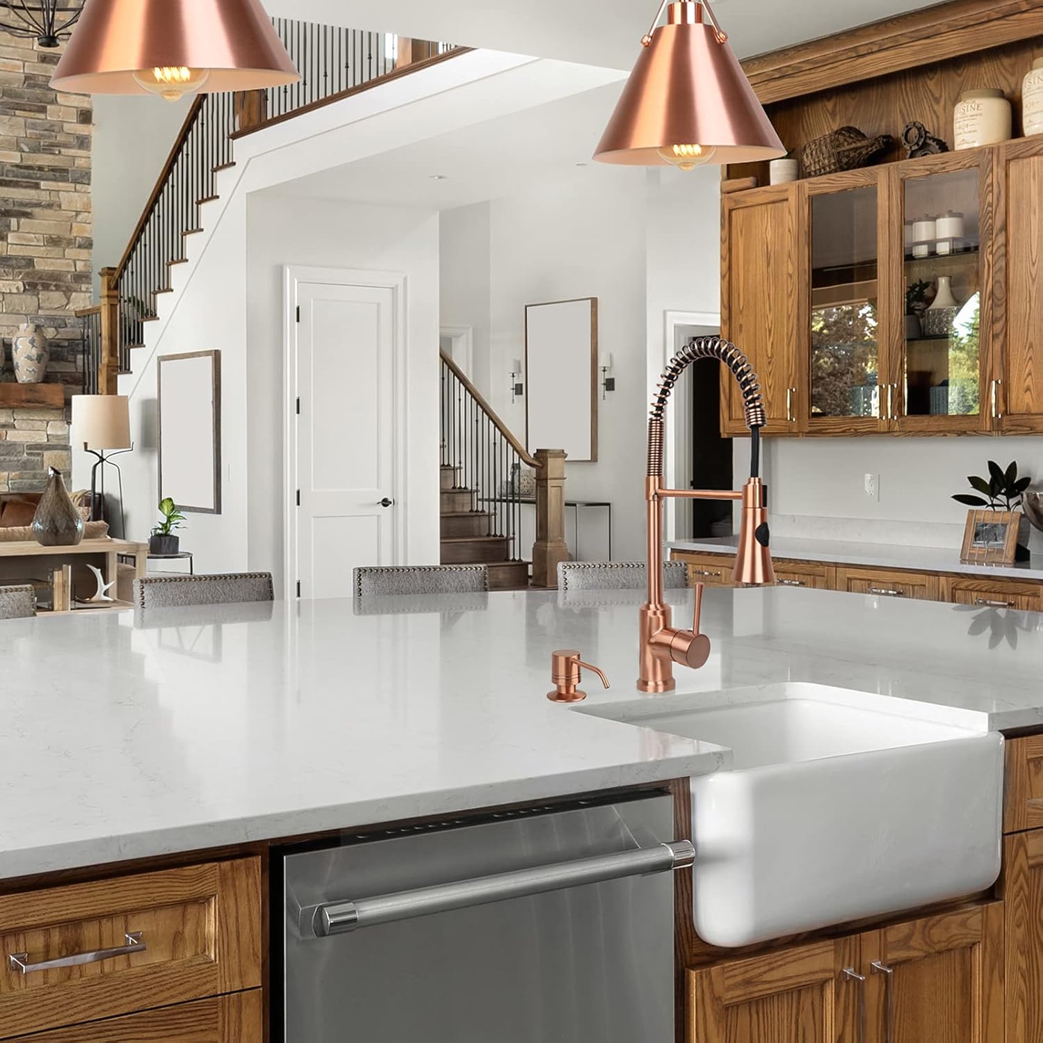 Soap Dispenser for Kitchen Sink, Brass Body Construction, Refill from The Top, Commercial Grade Liquid Dish Dispensers Pump, Built in Design with Large 17 oz Bottle(Copper)