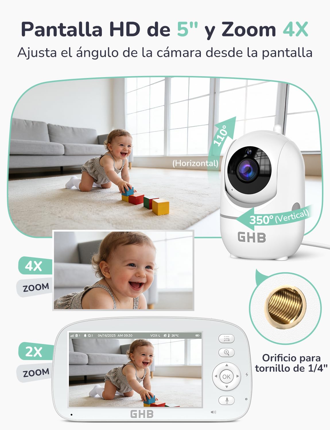 GHB Camara Vigilacia Bebe 5 Pulgadas 720P Pantalla IPS de Batería de 5000mAh Vigilabebes PTZ 350°/110° Pantalla Dividida, 4XZoom, Visión Nocturna, Comunicación Bidirecciona Escucha Bebe