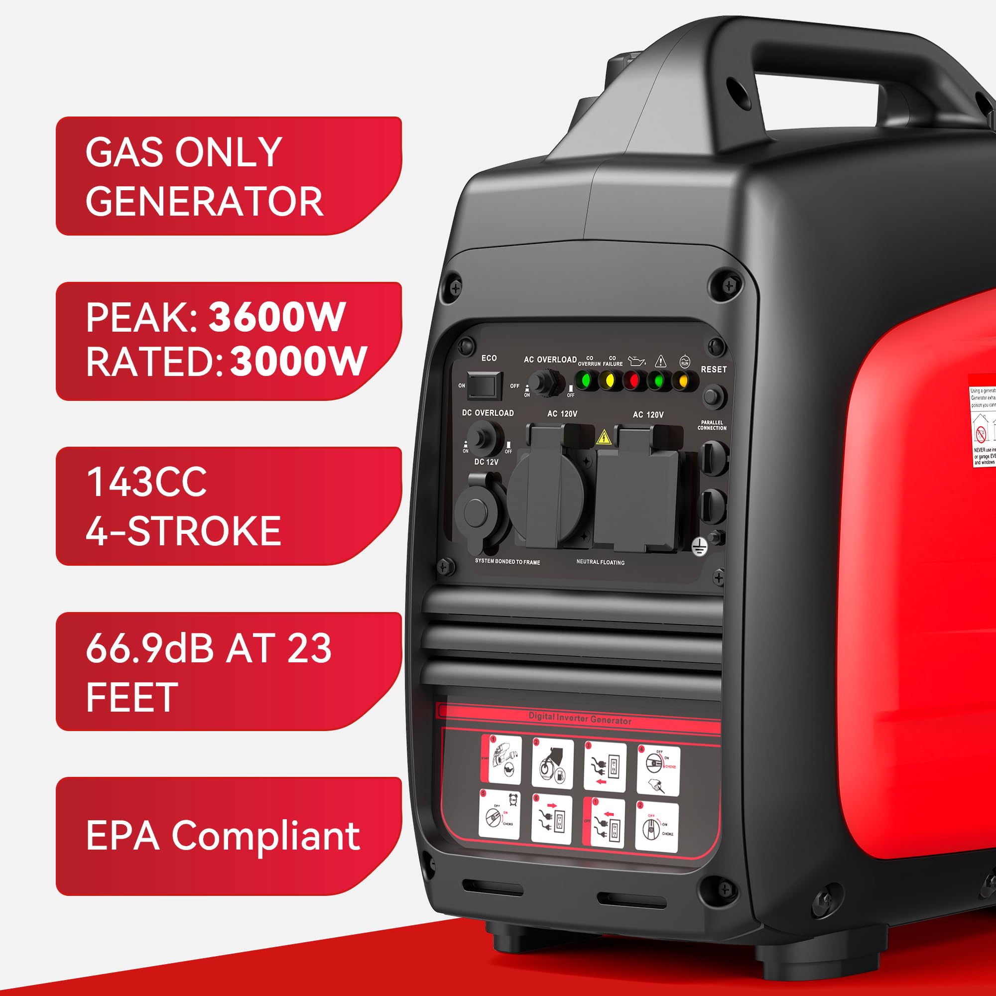 Generador portátil de 3600 W, generador inversor súper silencioso, ultraligero para respaldo del hogar, campamento al aire libre, protección de sensor de CO, EPA, modo ECO