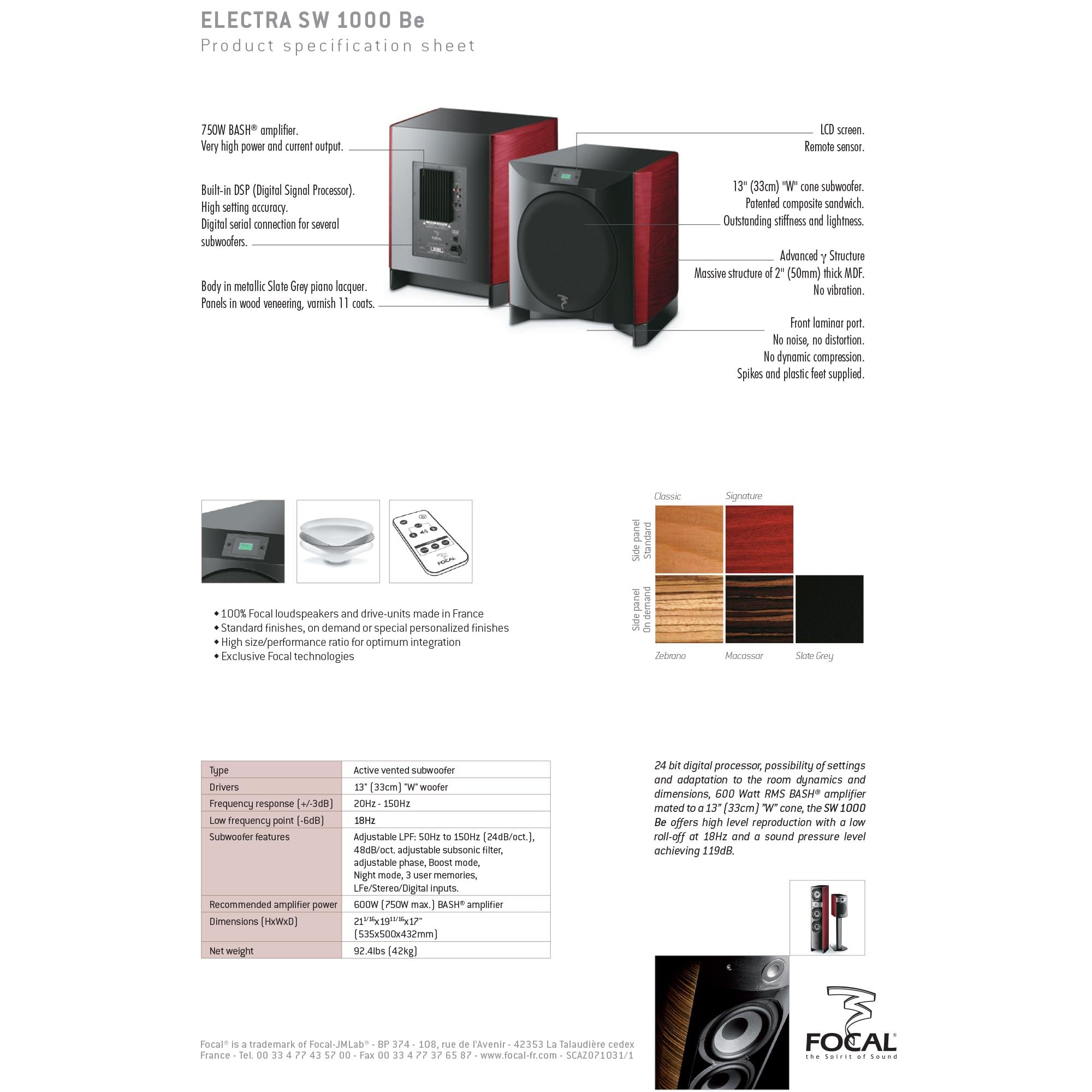 Focal JMLELECSW1000BE-DW Electra SW1000 Be Active Subwoofer - Dark Walnut