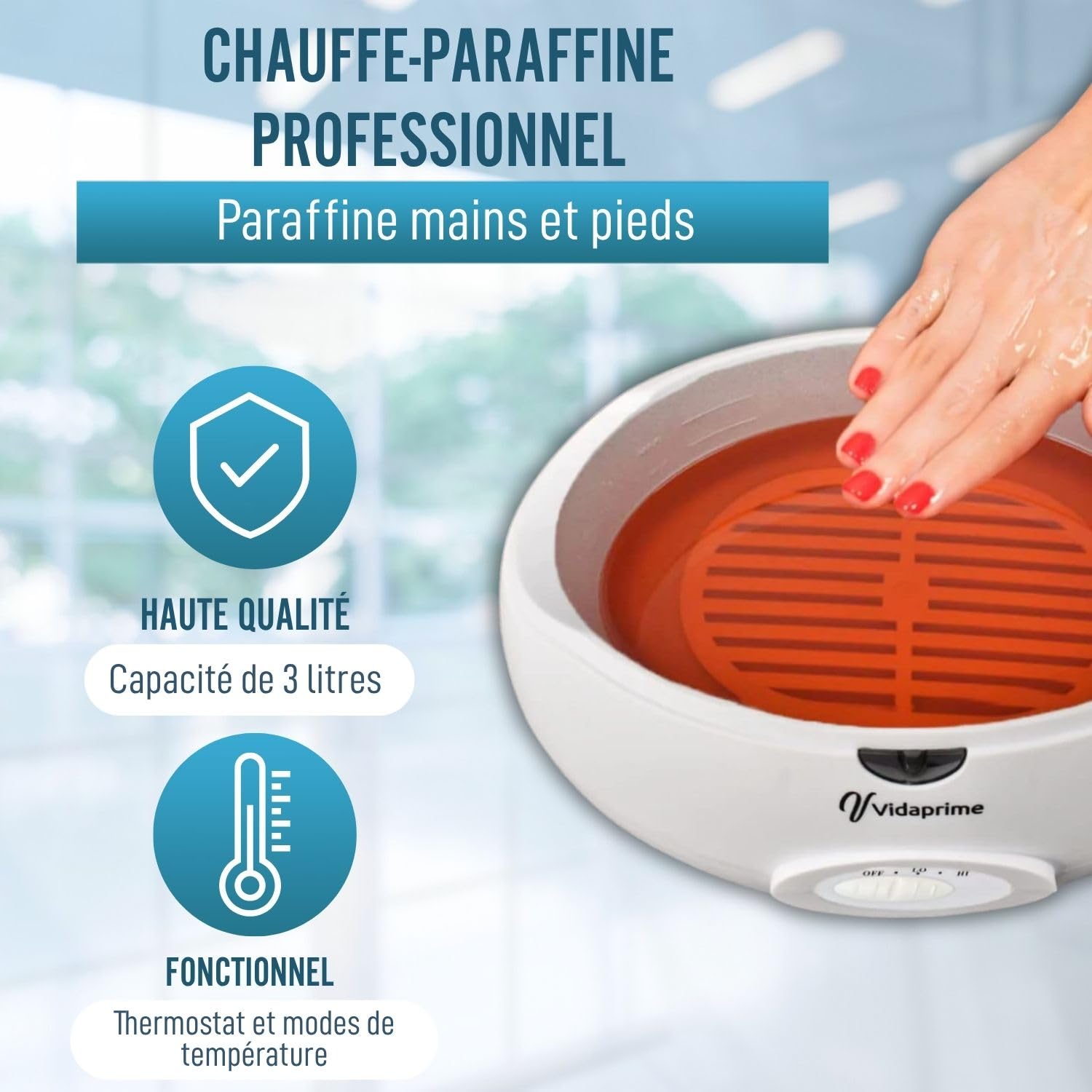 VidaPrime Bain de paraffine 3L pour mains et pieds – Chauffe-paraffine liquide – Soulage les douleurs musculaires et articulaires