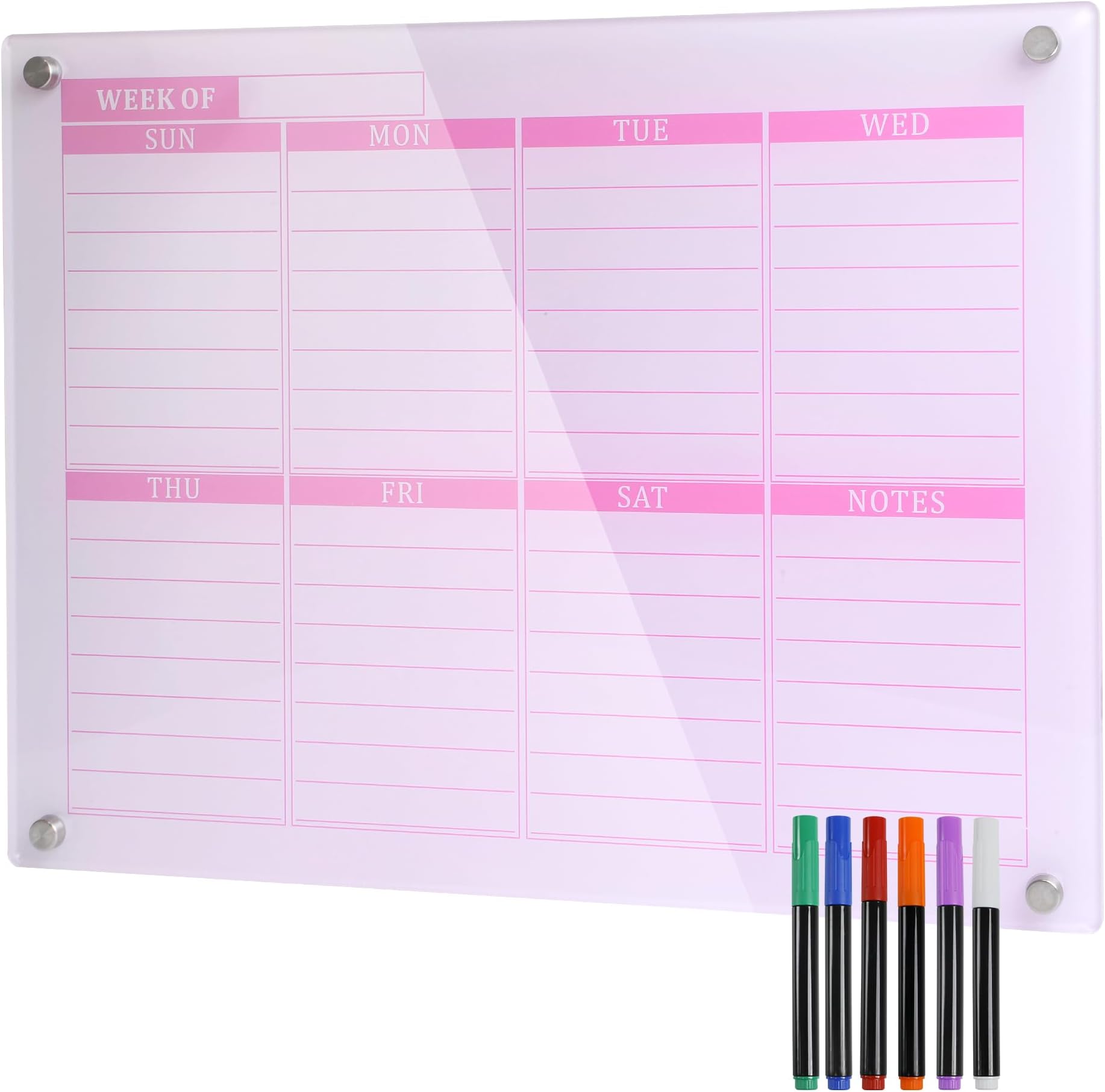 Thickened Acrylic Weekly Dry Erase Board Calendar Planner Whiteboard for Wall,16''x12''-Small,Pink Weekly Planner Whiteboard Schedule Management,6 Markers,1 Wipes,for Home Office-PGZL3040