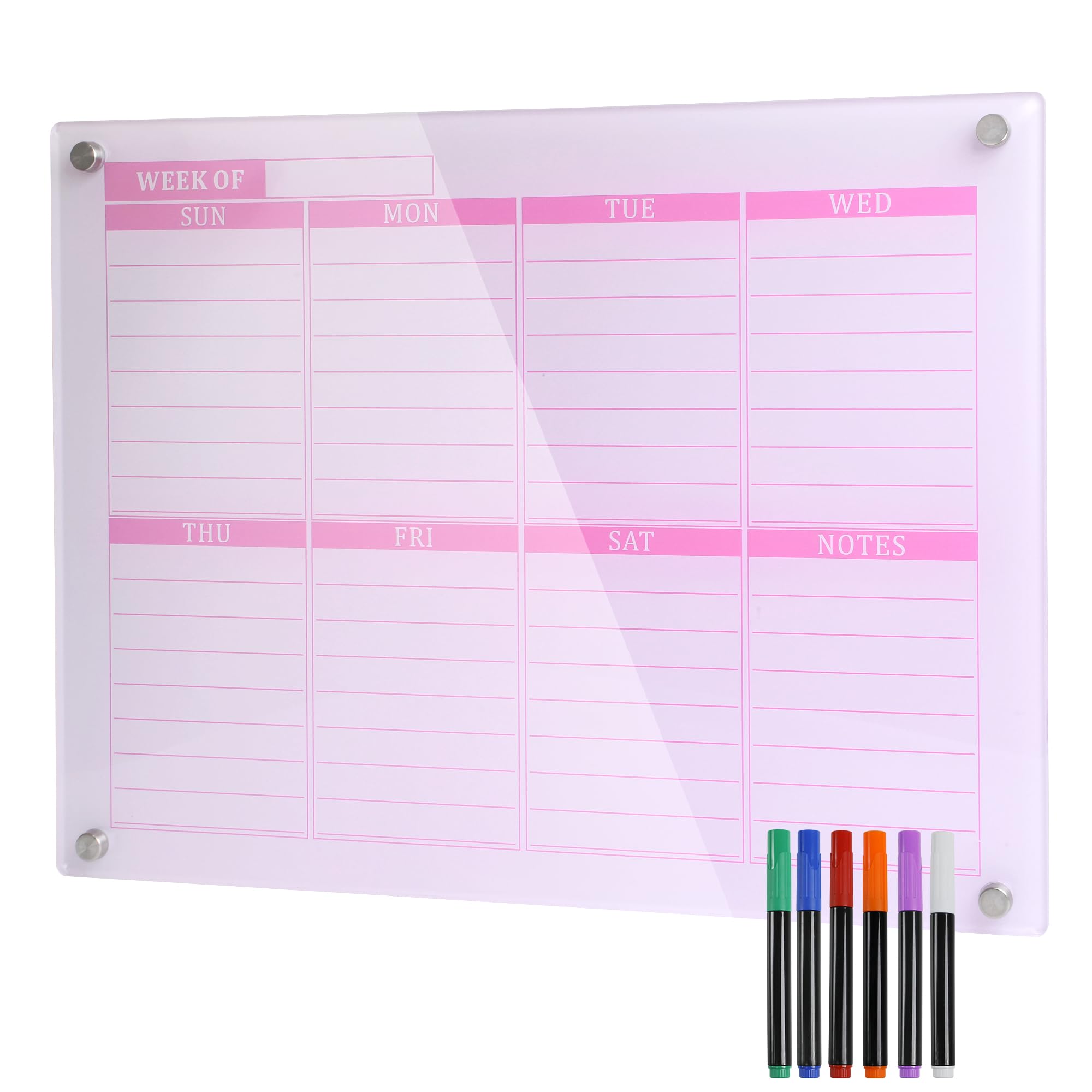 Thickened Acrylic Weekly Dry Erase Board Calendar Planner Whiteboard for Wall,16''x12''-Small,Pink Weekly Planner Whiteboard Schedule Management,6 Markers,1 Wipes,for Home Office-PGZL3040