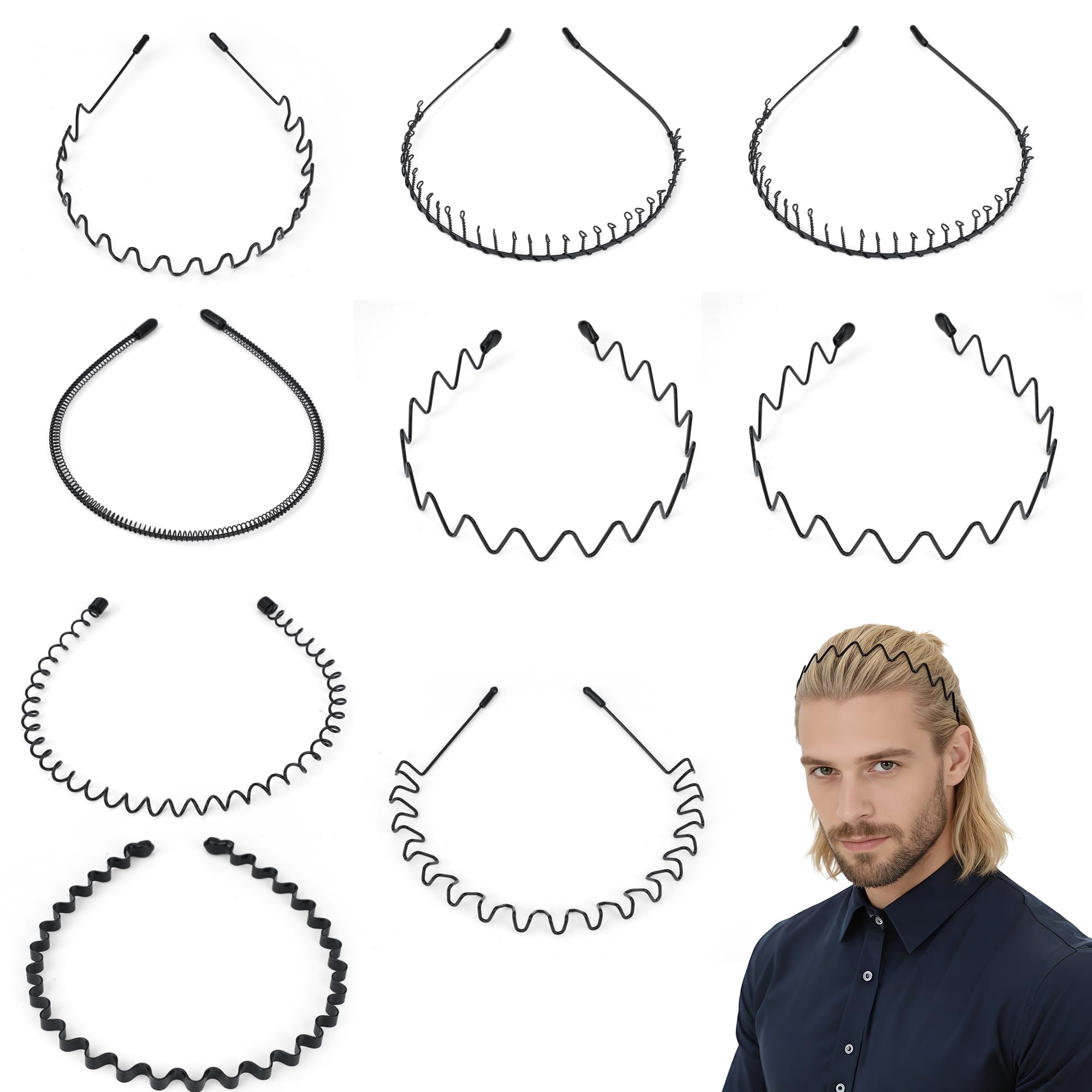 Elalove 9 Stück Metallische Wellen Haarbänder, Elastische Stirnbänder für Frauen und Männer, Sportliche Kopfband Unisex, Dünnes Haarband für Outdoor, Yoga und Alltag