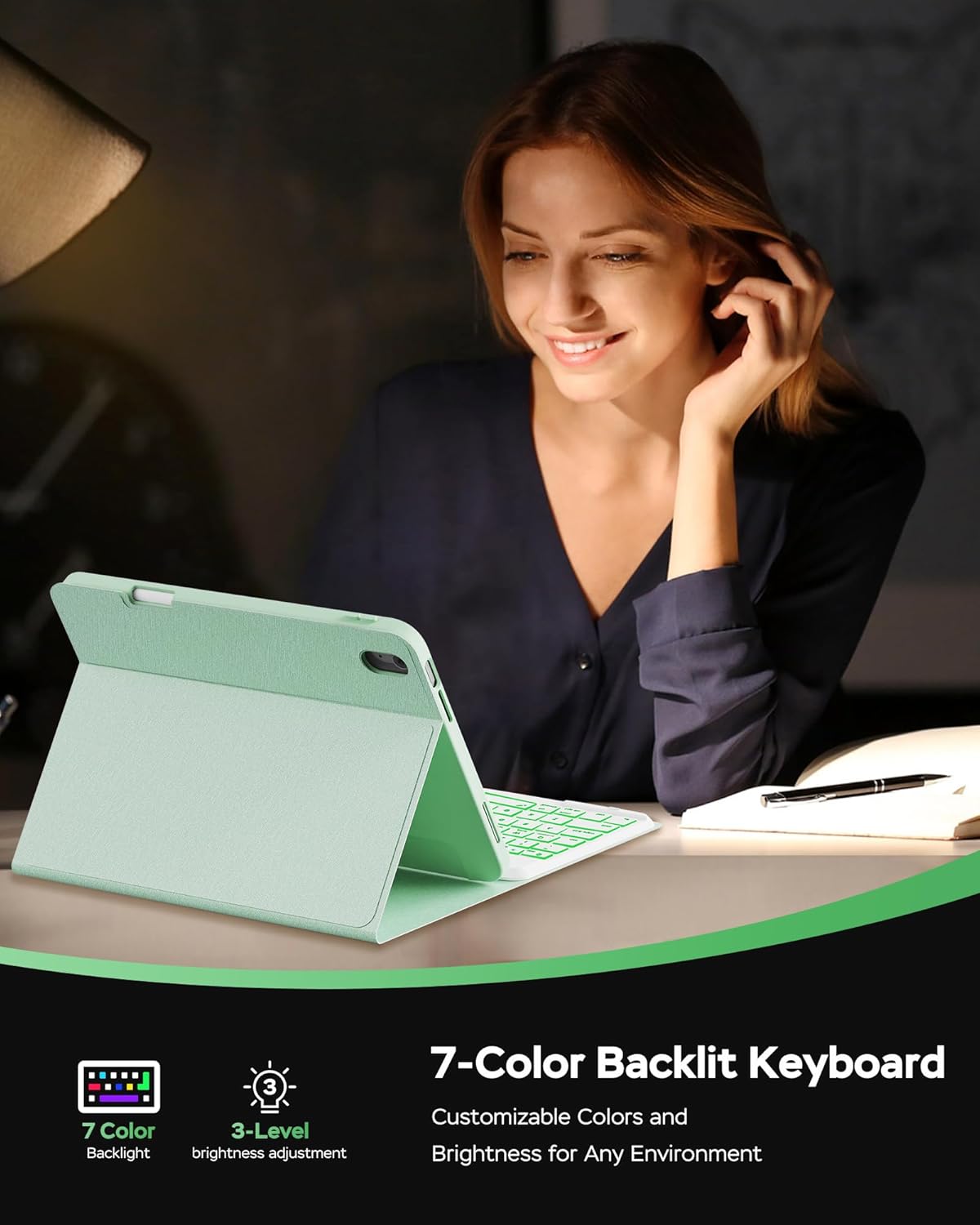for iPad A16 Case with Keyboard - 7 Color Backlit Magnetic Wireless Detachable Folio Keyboard Cover with Pencil Holder for iPad 11th 10th Generation, Green