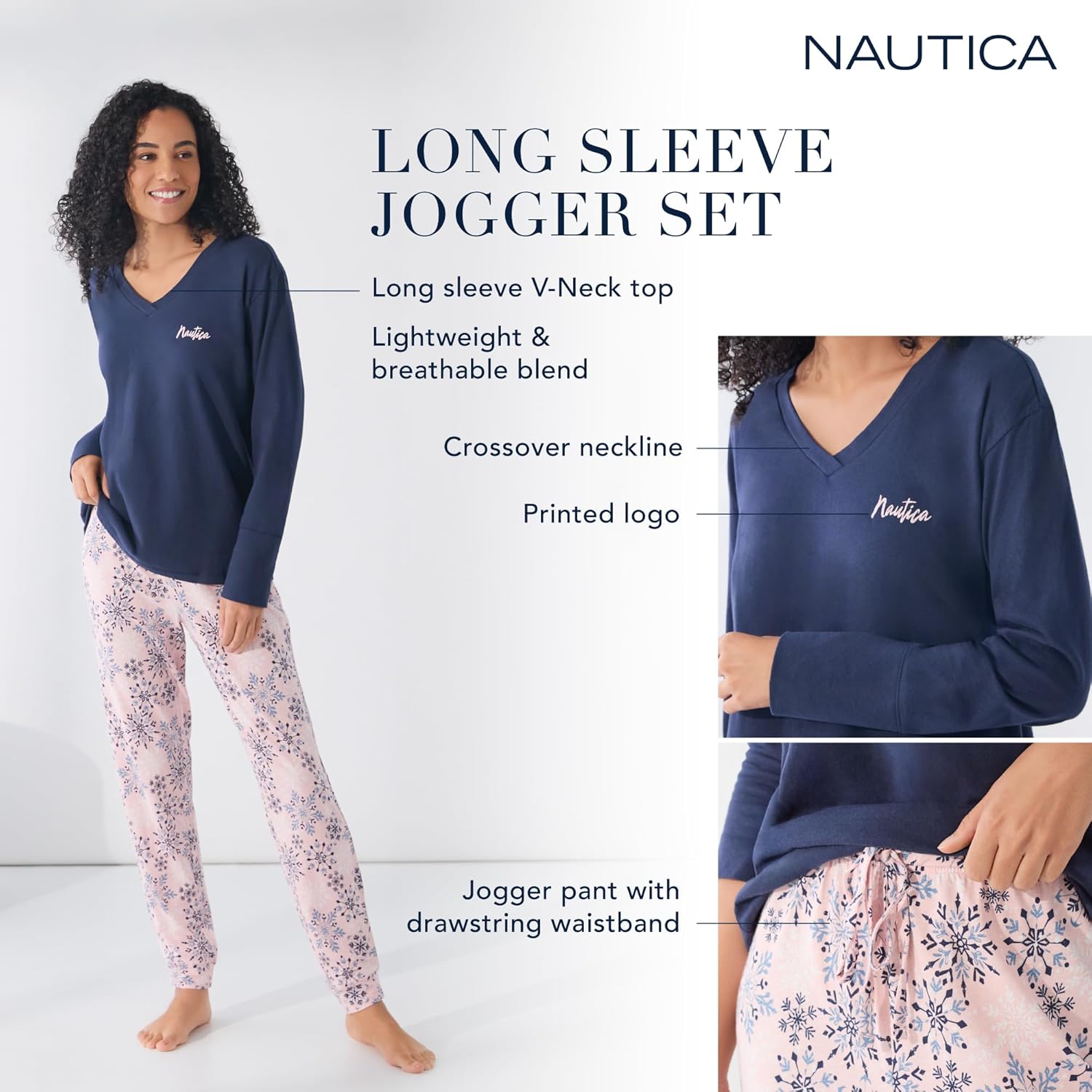 Nautica 2 Piece Long Sleeve Blend V-Neck Top & Jogger Pajama Set for Women, Lightweight & Breathable Cotton & Polyester Blend - Image 4