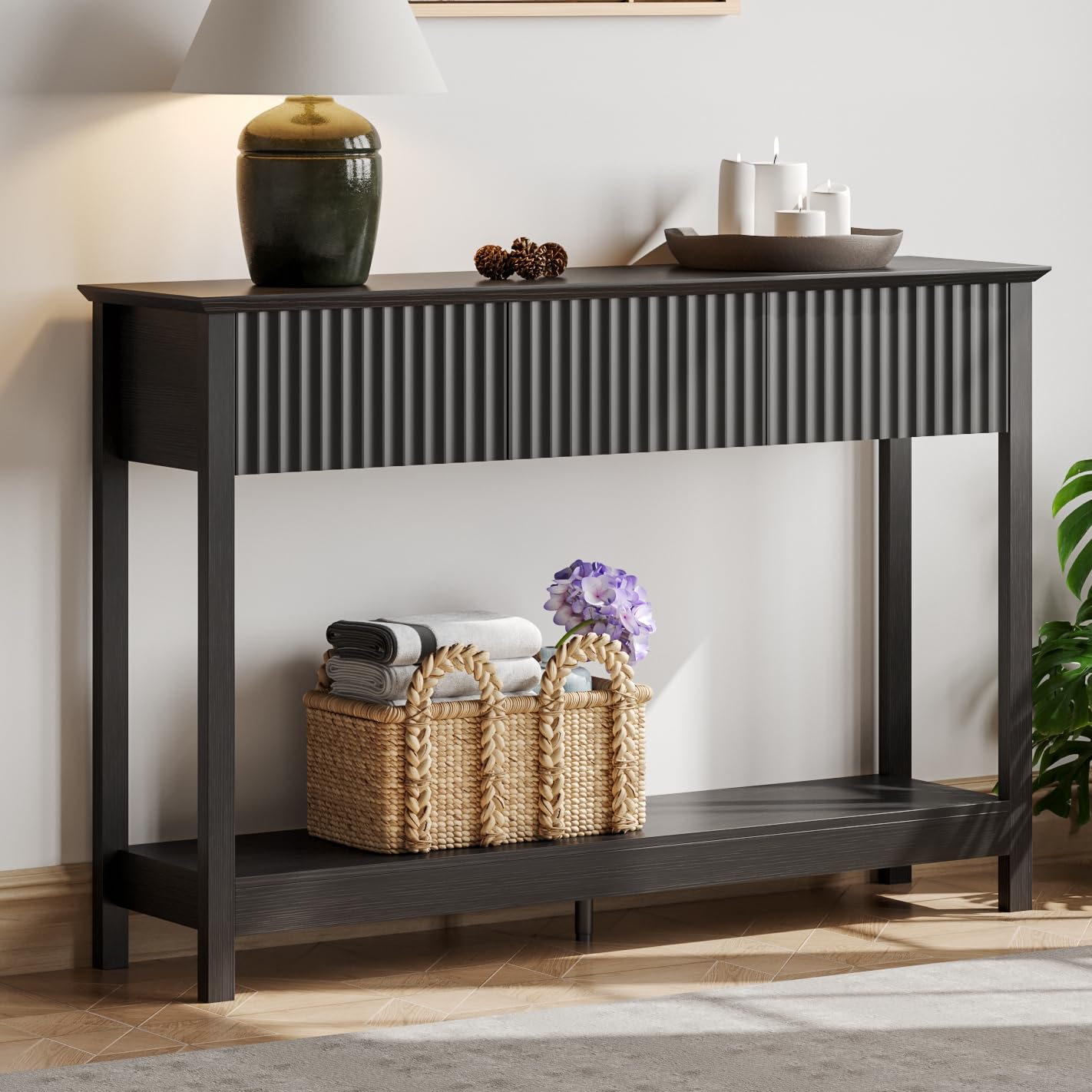 Photo 1 of **CHIPPED EDGE**Treocho 47" Fluted Console Table with 3 Drawers, Narrow Long Entryway Table with Storage and Shelf, 2-Tier Sofa Table Behind Couch Accent Tables for Entrance Foyer, Hallway, Living Room, Black