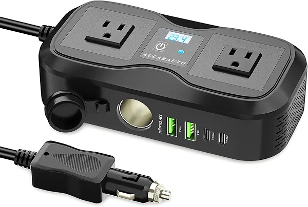 AUCARAUTO 7 in 1 Car Power Inverter, 200W DC 12V to 110V AC Car Inverter with LED Voltmeter, 4-Port PD/QC3.0 Charge, 2 Car Outlets and Cigarette Lighter Adapter USB C Car Charger for All Car Devices