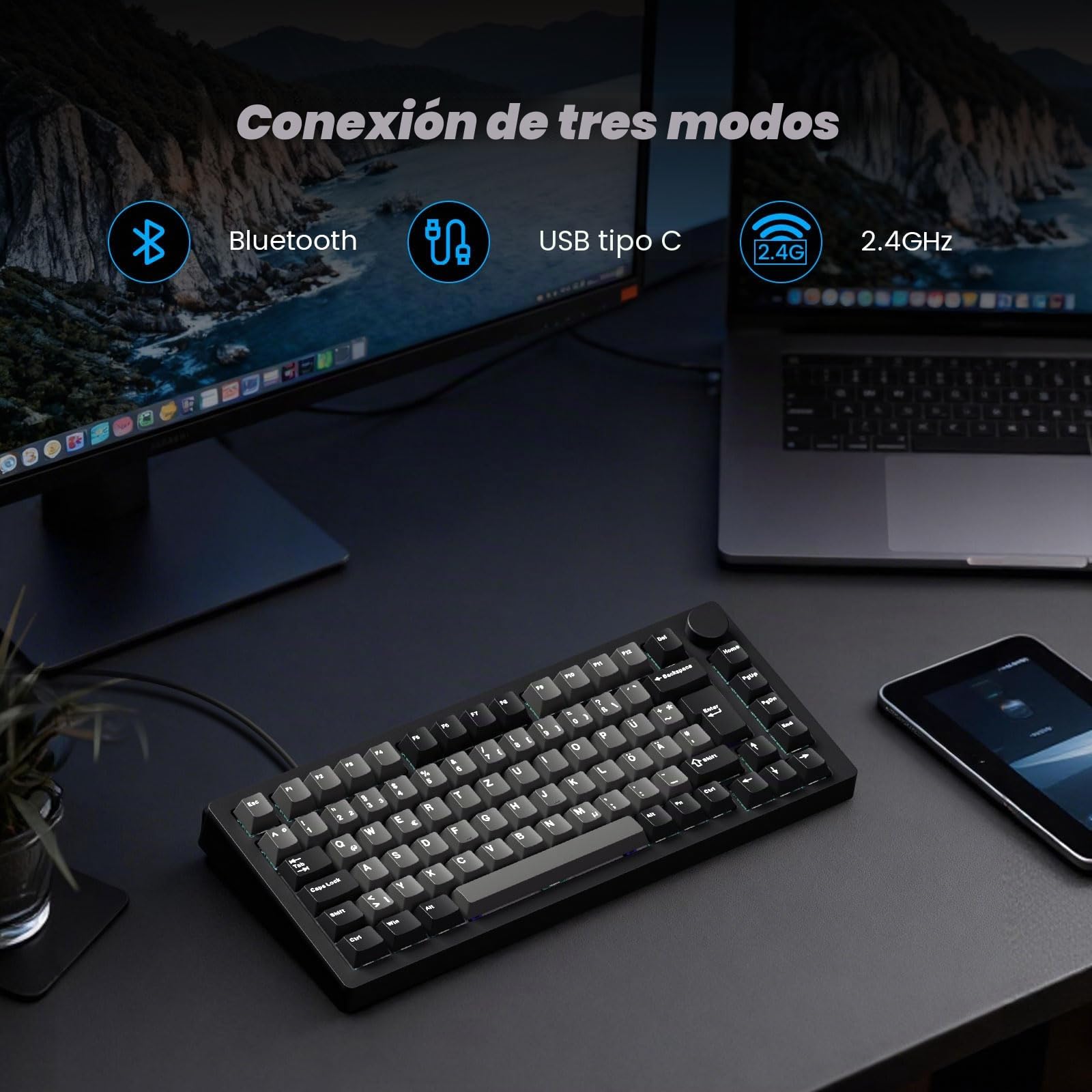 MONSGEEK M1V5 TMR Teclado Aluminio Magnético 8000Hz ISO DE QWERTZ | RT0.01mm, Gasket Mount, Inalámbrico 2.4GHz/Bluetooth 5.0/USB-C para Gaming y Oficina (Negro y Plata)