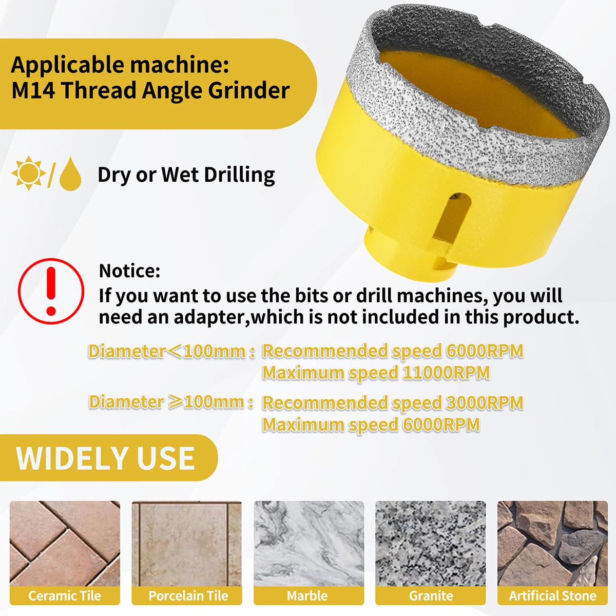 Punta per Trapano Diamantata 85mm, M14 Filetto Vacuum Brasato Foretto Sega a Tazza Diamantata per Piastrelle Porcellana Marmo Ceramica Granito