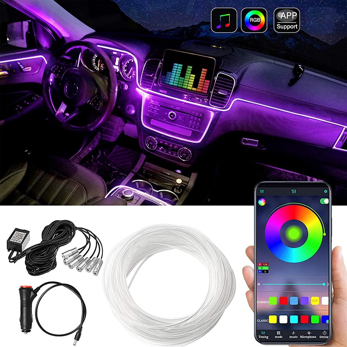 LIMOS Car LED Strip Lights,Multicolor RGB Car Interior Lights,16 Million Colors with Fiber Optic,Ambient Lighting Kits, Sound Active Function and Wireless Bluetooth APP Control (6 in 1 <8 meters>)