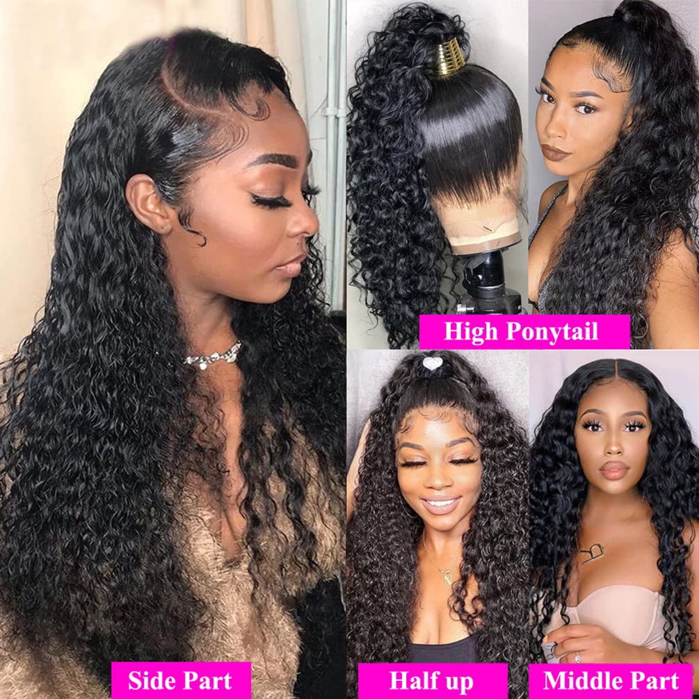 Deep Wave Bundles with Closure (12 14 16+10 Free Part) 12A 100% Unprocessed Brazilian Virgin Human Hair Bundles with 4x4 Lace Closure Deep Curly Weave Hair Extensions Natural Color for Black Women