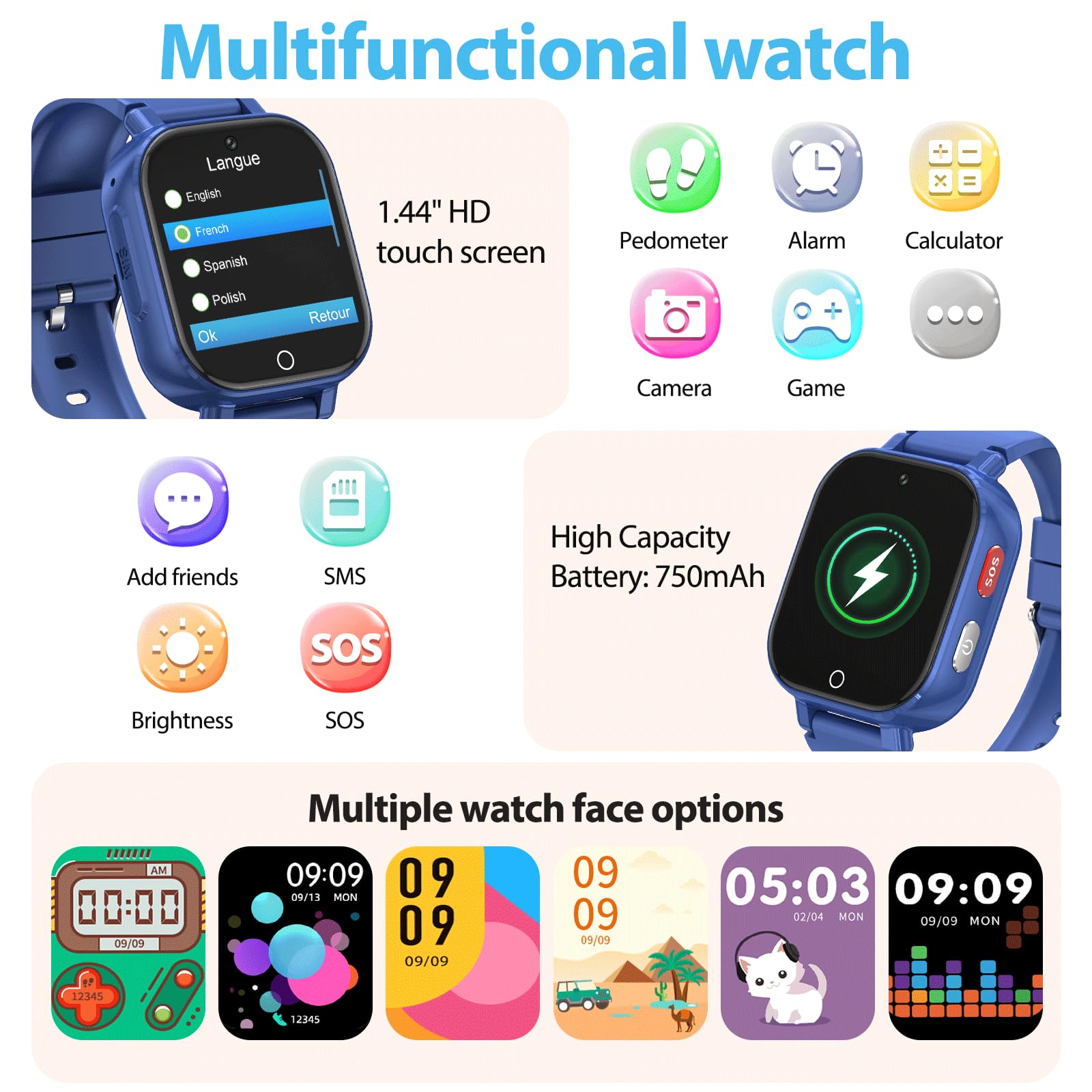 Alutoria Reloj Inteligente niños-Reloj con GPS y Llamadas 4G | Videollamadas Chat de Voz Mensajes SOS WiFi Juegos Podómetro-Reloj Smart Watch Niños Regalos 4-13 Azul