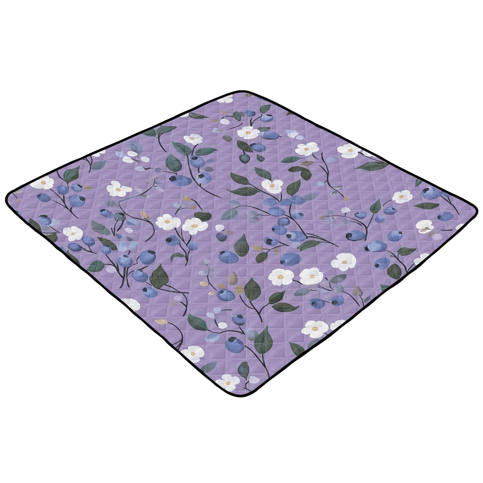 BOESI Doodle Blueberry and White Flower Baby Play Mat, 50“ X 50” Washable Folding Crawling Mat, Baby Floor Mat, Soft, Thick, Non-Slip