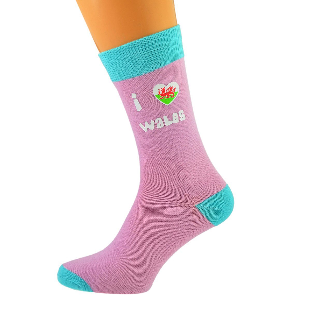 Pale Pink & Turquoise Unisex Socks I Love Wales Welsh design UK Size 5-12 X6N611